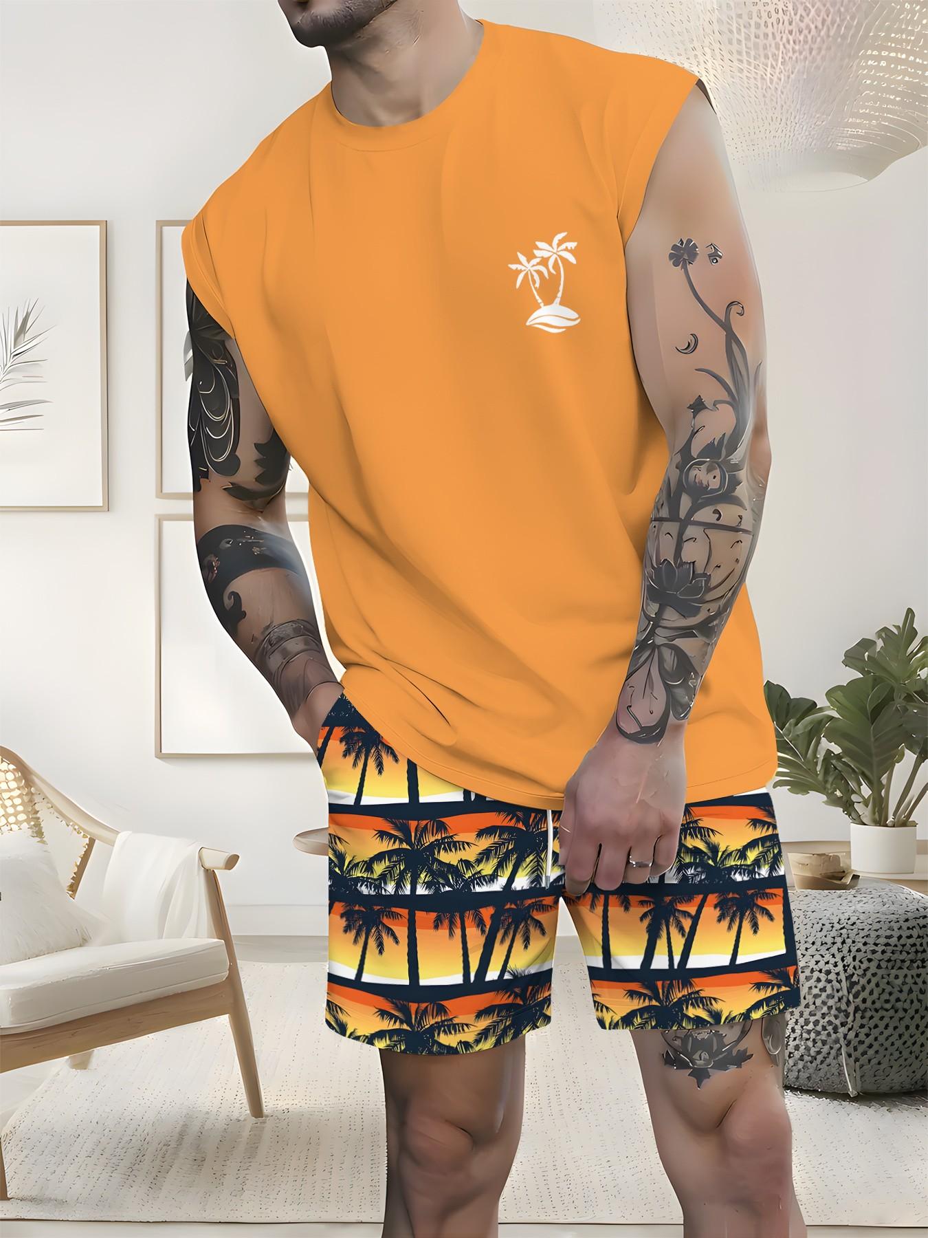 Men's Tropical Palm Tree Print Sleeveless Tank Top & Drawstring Shorts Set Summer Beach Casual Two Piece Outfit Streetwear Co Ord Set Suits