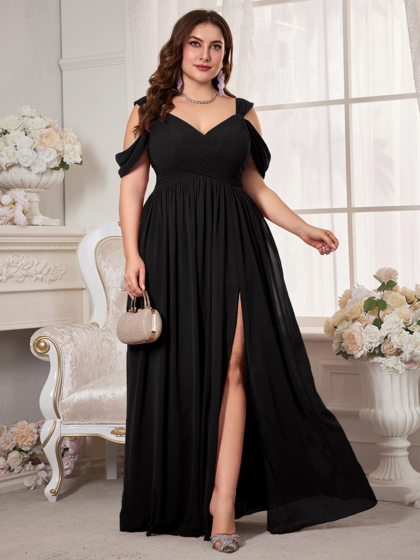 Plus Size Women's V-Neck Backless Waist Cinch Pleated High Split Skirt Maxi Dress, Elegant Chic Lightweight Chiffon Bridesmaid Party Formal Evening Gown, Pleated Dresses