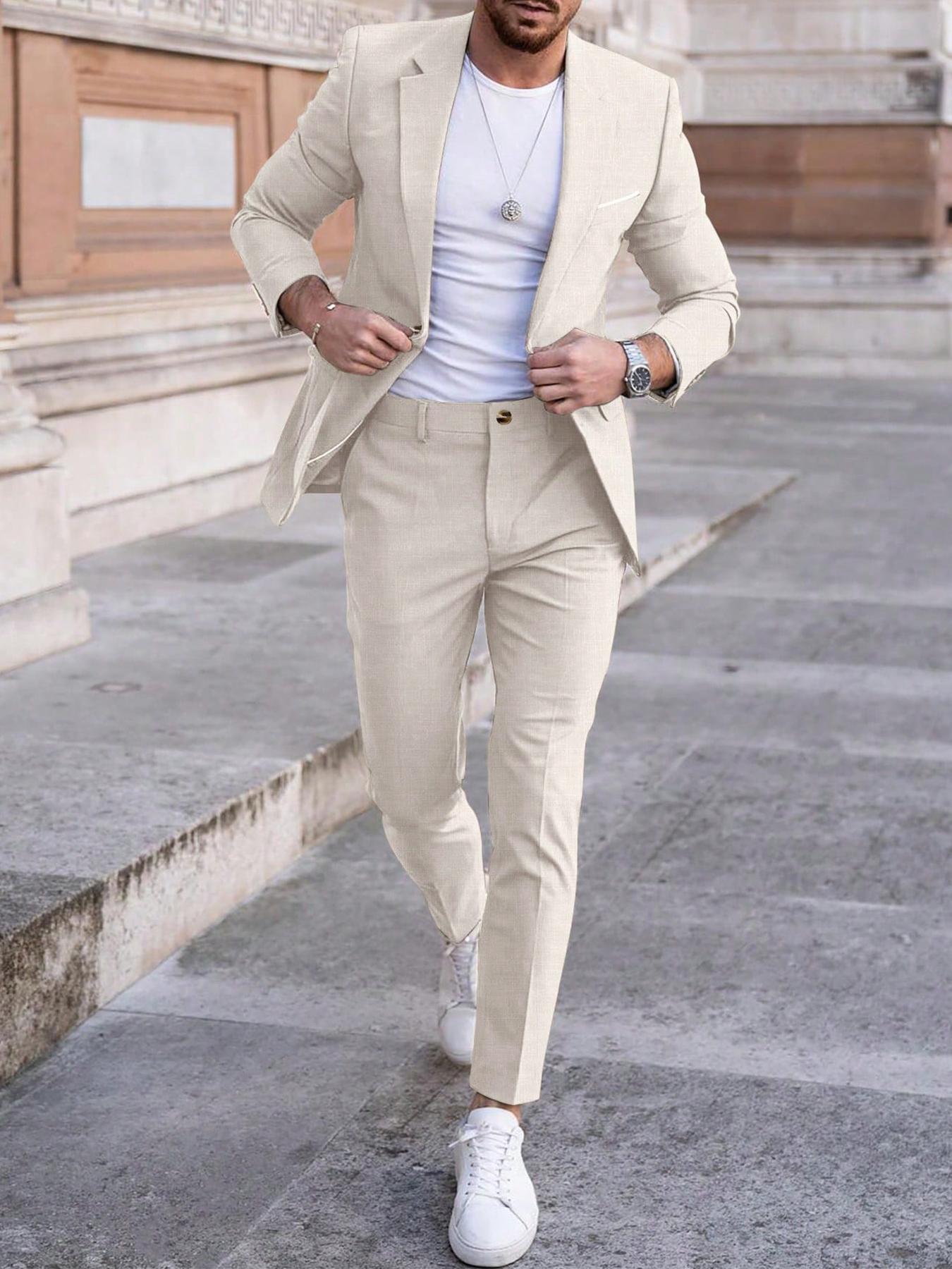 Men's Solid Color Suit Set, Slim Fit Formal Casual Comfy Breathable Business Blazer & Pants for Work Office, Men's Clothing for All Seasons, Menswear