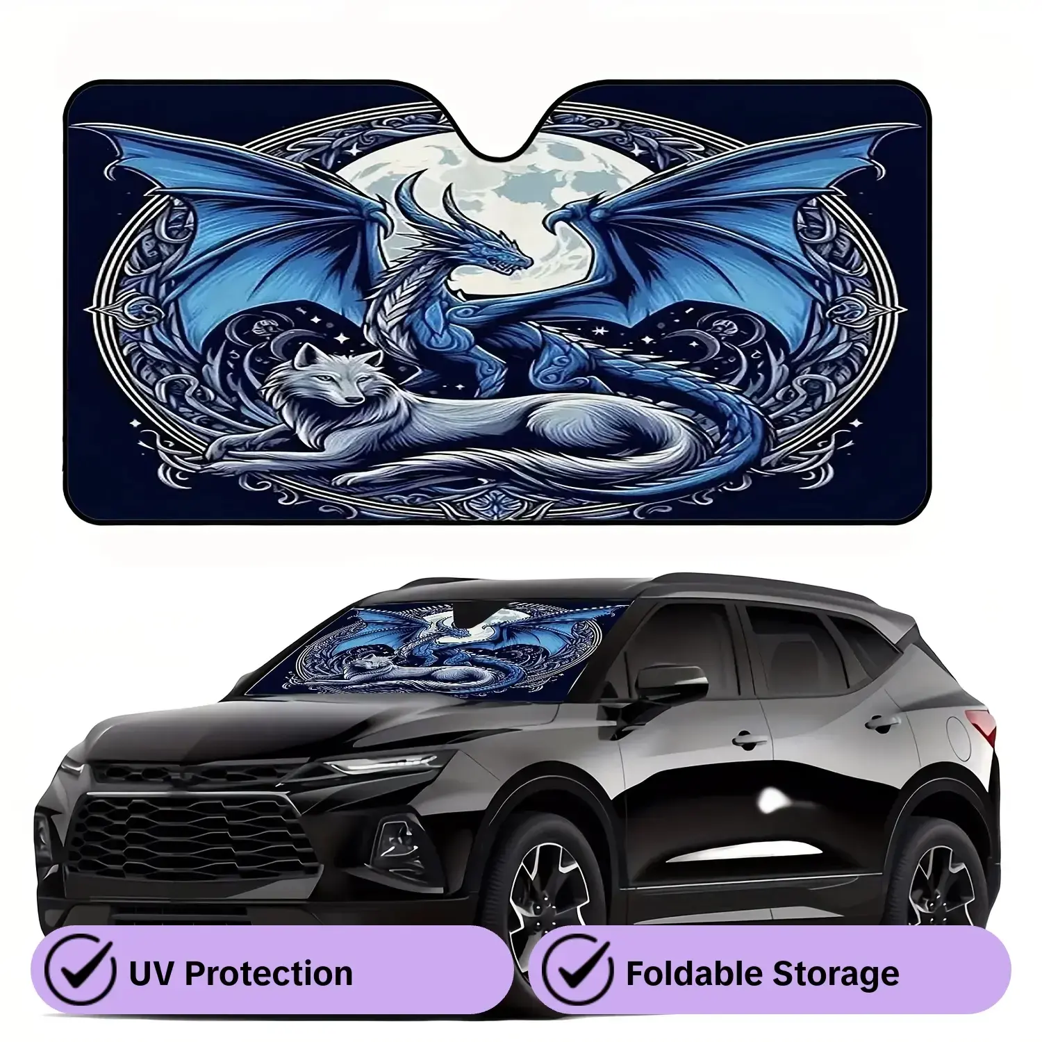 1pc, Fantasy Style Dragon and Wolf Pattern Car Windshield Sunshade, Car Sun Shades, UV Protection, Stylish Design, Easy to Install, Foldable for Convenient Storage, Keeps Your Vehicle Cool, Perfect for Cars, SUVs, and Trucks