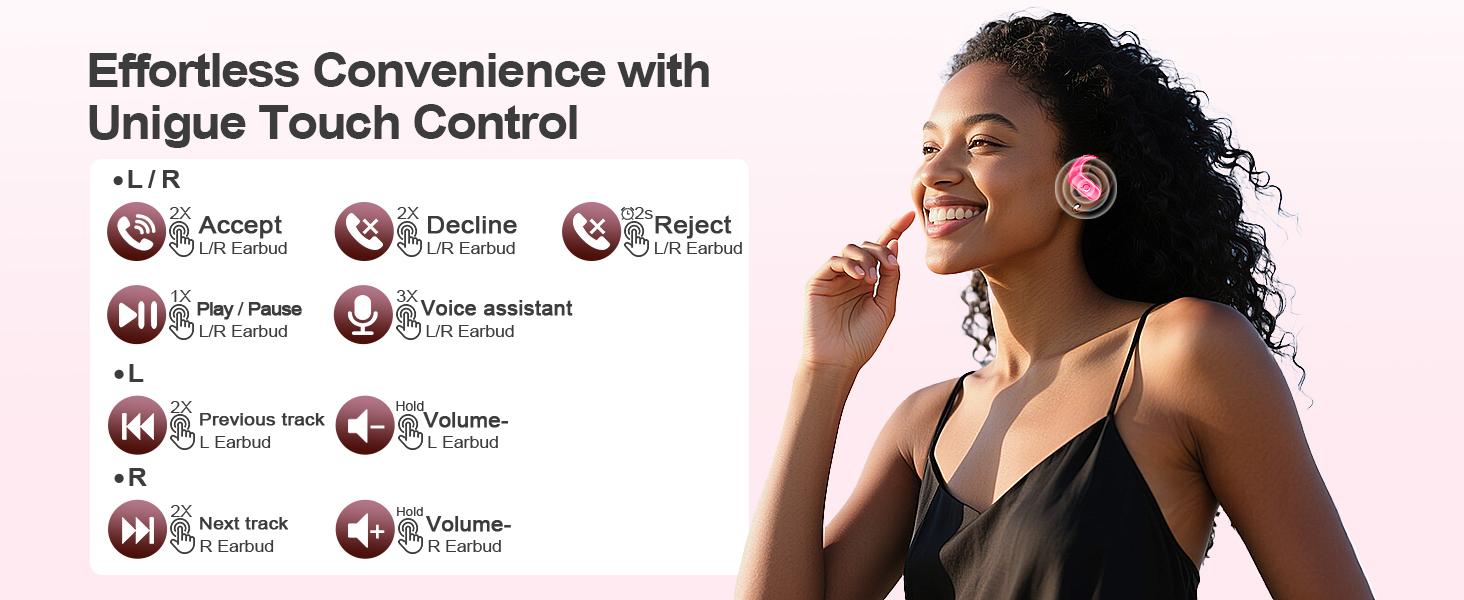 Pink Wireless Bluetooth 5.3 Earbuds with Earhooks - Hifi Audio, Deep Bass, 60 Hours Playtime, Multi-Device Compatibility, Water Resistant, Redesigned Comfort Fit for Running, Workout