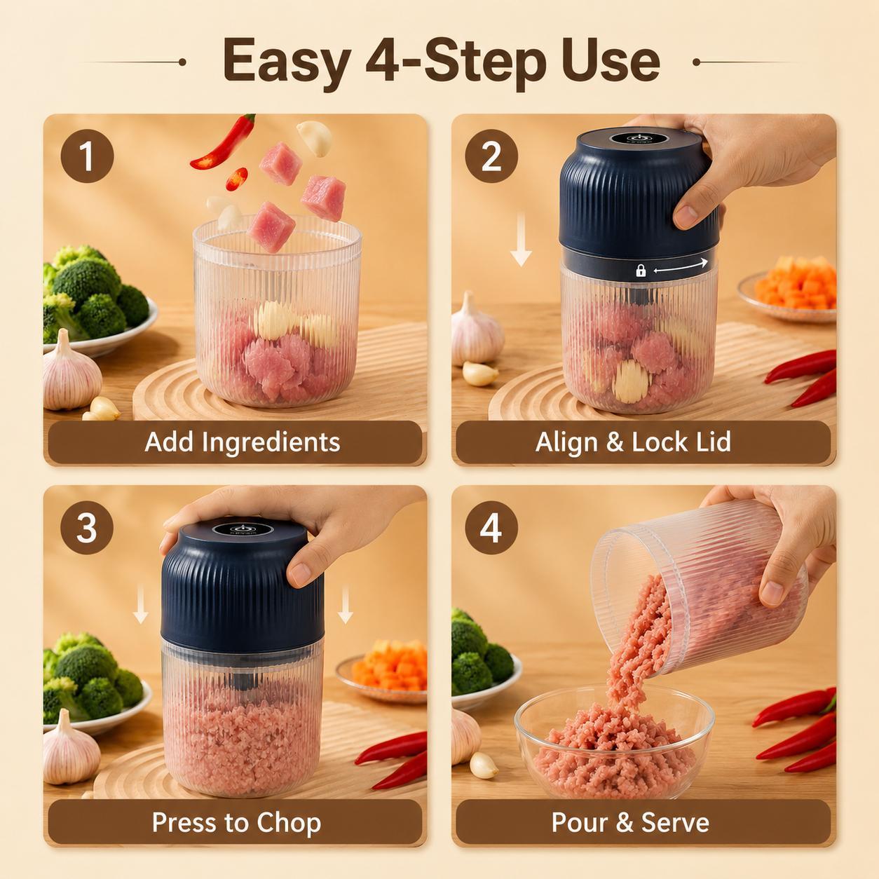 Upgraded 400ml Electric Food Chopper – 6-Blade USB Rechargeable Mini Food Processor – High-Speed Grinding for Garlic, Meat, Vegetables & Herbs – One-Touch Operation for Quick Meal Prep – Portable Kitchen Gadget for Home & Camping