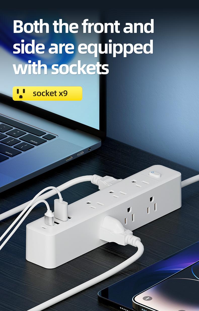 Surge Protector Outlet, 9 Ac Sockets, 3 USB Ports, 2 Type-C, Wall Mountable, Overload Protection, /, Versatile Use