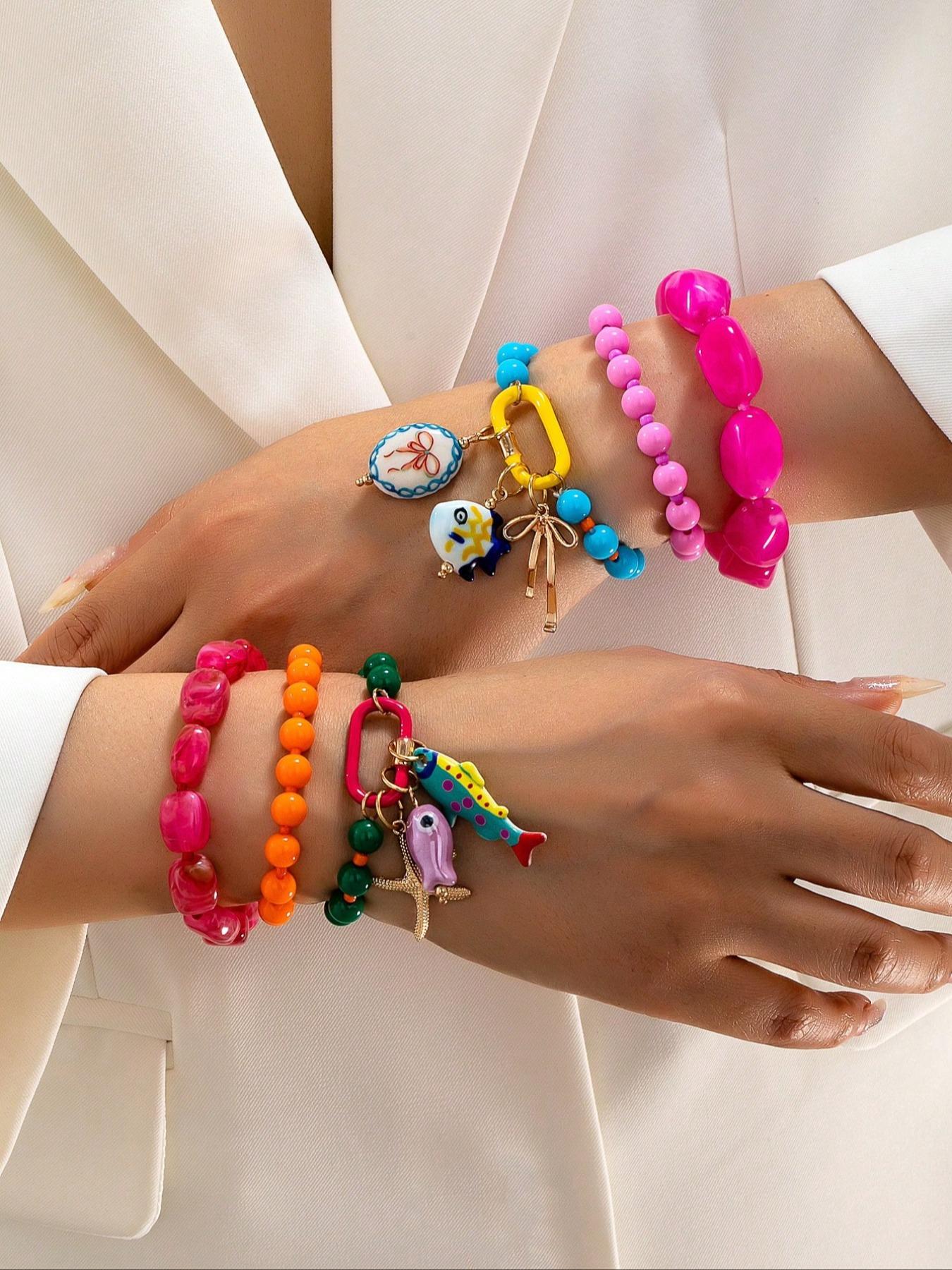 6Pcs Y2K Summer Ocean Fish Charm Beaded Stackable Fashionable Bracelet, Multicolor Resin Beads Bracelets Stacking, Dopamine Funky Bracelets for Women, Matching Bracelets Beaded Bracelet Set, Stacked Bracelets
