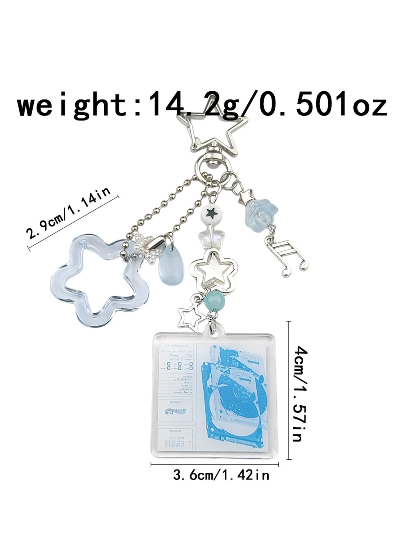 Multielement Star Keychain, Sweet Cool Y2K Style, Blue Dual Color Options, Transparent Star + Note Pendant + Album Card Holder, Unique Design