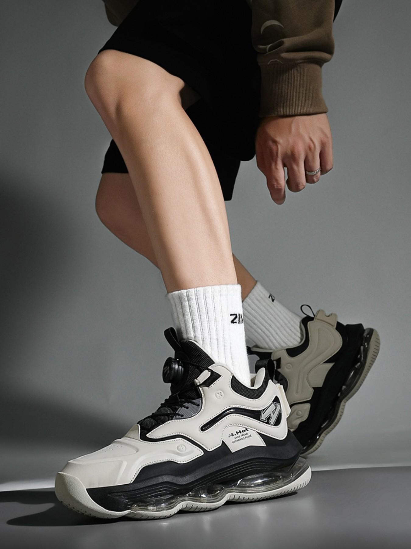 Men's Casual Sport Shoes, High-Quality High-Top Air Cushion Basketball Shoes, Rotating Button No Laces, Trendy Large Size Outdoor Student Sports Shoes