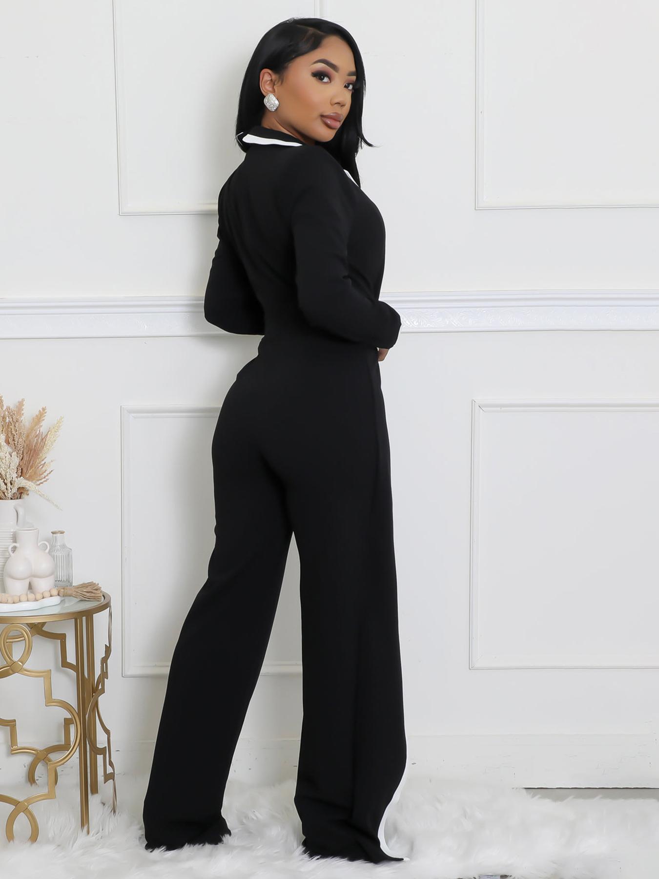 Elegant Women's Long Sleeve Jumpsuit, Belted Waist Design, Colorblock Patchwork, Fall & Winter Fashion, Office Wear, Womenswear