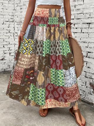 Plus Size Bohemian Maxi Skirt for Women - High-Waist A-Line Skirt with Vibrant Multi-Color Floral & Geometric Print, Fitted & Ruffled Hem, Machine Washable, All-Season Wear for Spring/Summer/Fall, Versatile Fashion Bottom Plus Size Bohemian Maxi Skirt for Women - High-Waist A-Line Skirt with Vibrant Multi-Color Floral & Geometric Print, Fitted & Ruffled Hem, Machine Washable, All-Season Wear for Spring/Summer/Fall, Versatile Fashion Bottom