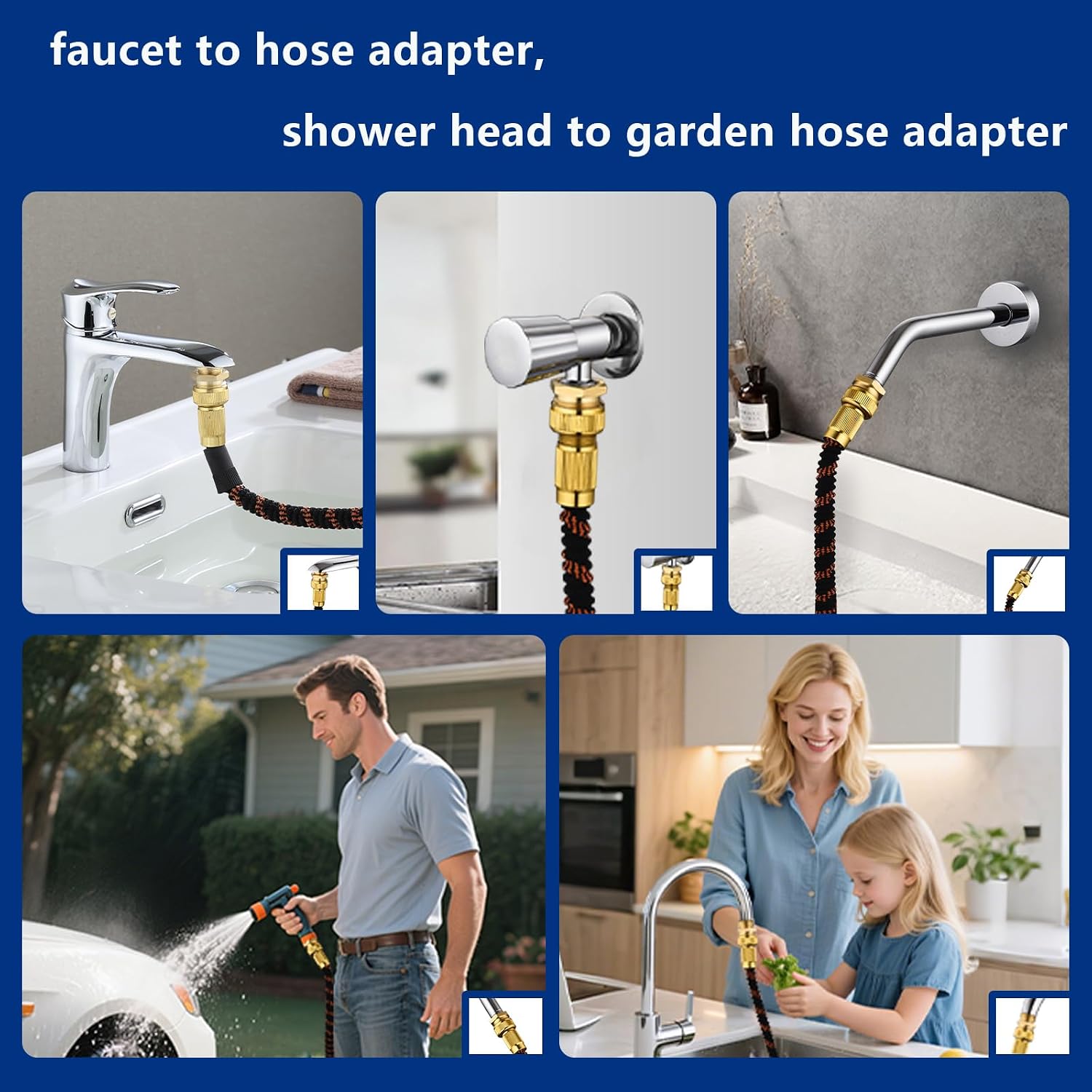 Brass Shower Hose Adapter and Faucet Adapter Kit, G1/2" Female, 55/64"-27 Female and 15/16"-27 Male to 3/4" GHT Male Garden Hose Connector, with Washer and PTFE Tape Brass Shower Hose Adapter and Faucet Adapter Kit, G1/2" Female, 55/64"-27 Female and 15/16"-27 Male to 3/4" GHT Male Garden Hose Connector, with Washer and PTFE Tape