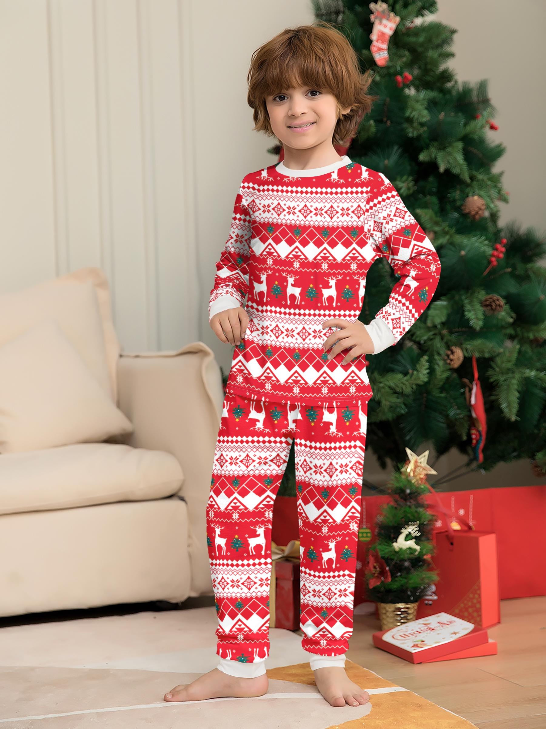 Red White Fair Isle Reindeer Snowflake Matching Family Christmas Pajama Set, All Over Print Crew Neck Long Sleeve Sleepwear with Cream Cuffs, Soft Cuffed Loungewear for Adults Kids Couple, Xmas Family Matching Outfits for Family of 3 & 4