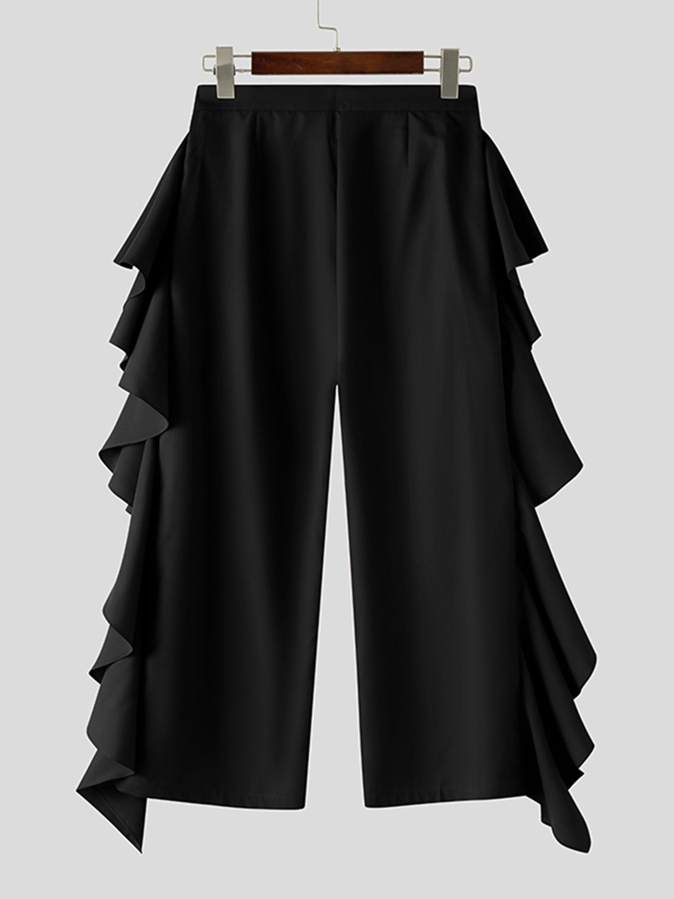 INCERUN Men's Fashion Frill Double Layer Solid Color Long Pants, Casual Button Trousers, Suitable for All Seasons Streetwear, Casual Wear, Comfortable and Stylish