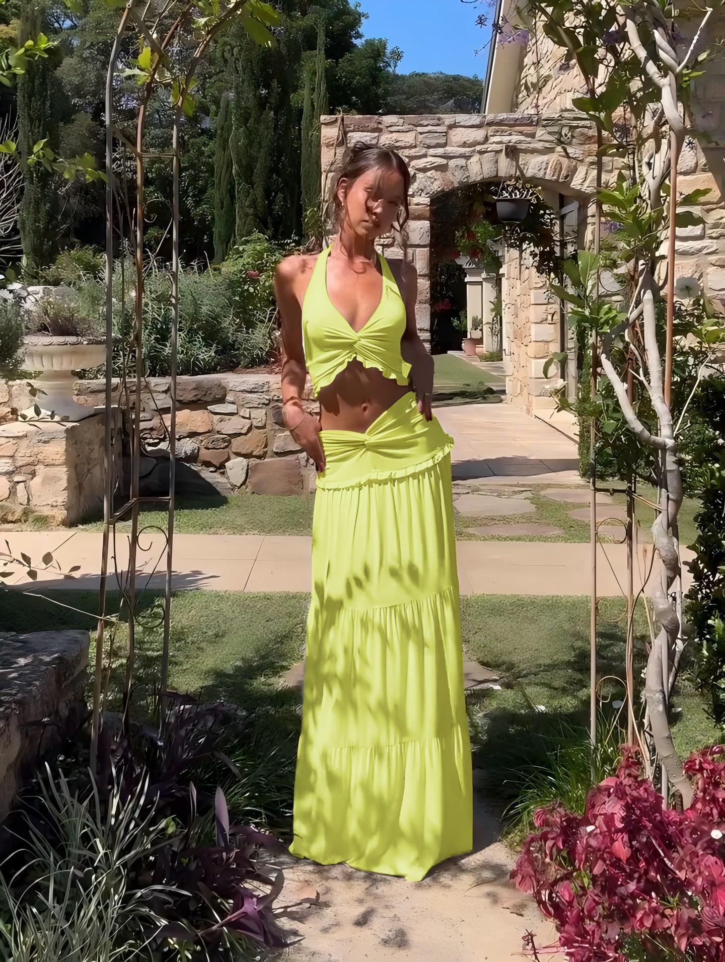 Solid Color Backless Crop Top & Ruched Skirt Two Pieces Set Women's Sleeveless Halter Neck Top & Skirt Ladies Summer Fall Clothes for Party Holiday Vacation Beach Boho Valentine's DayGift Outfit SpringStatements