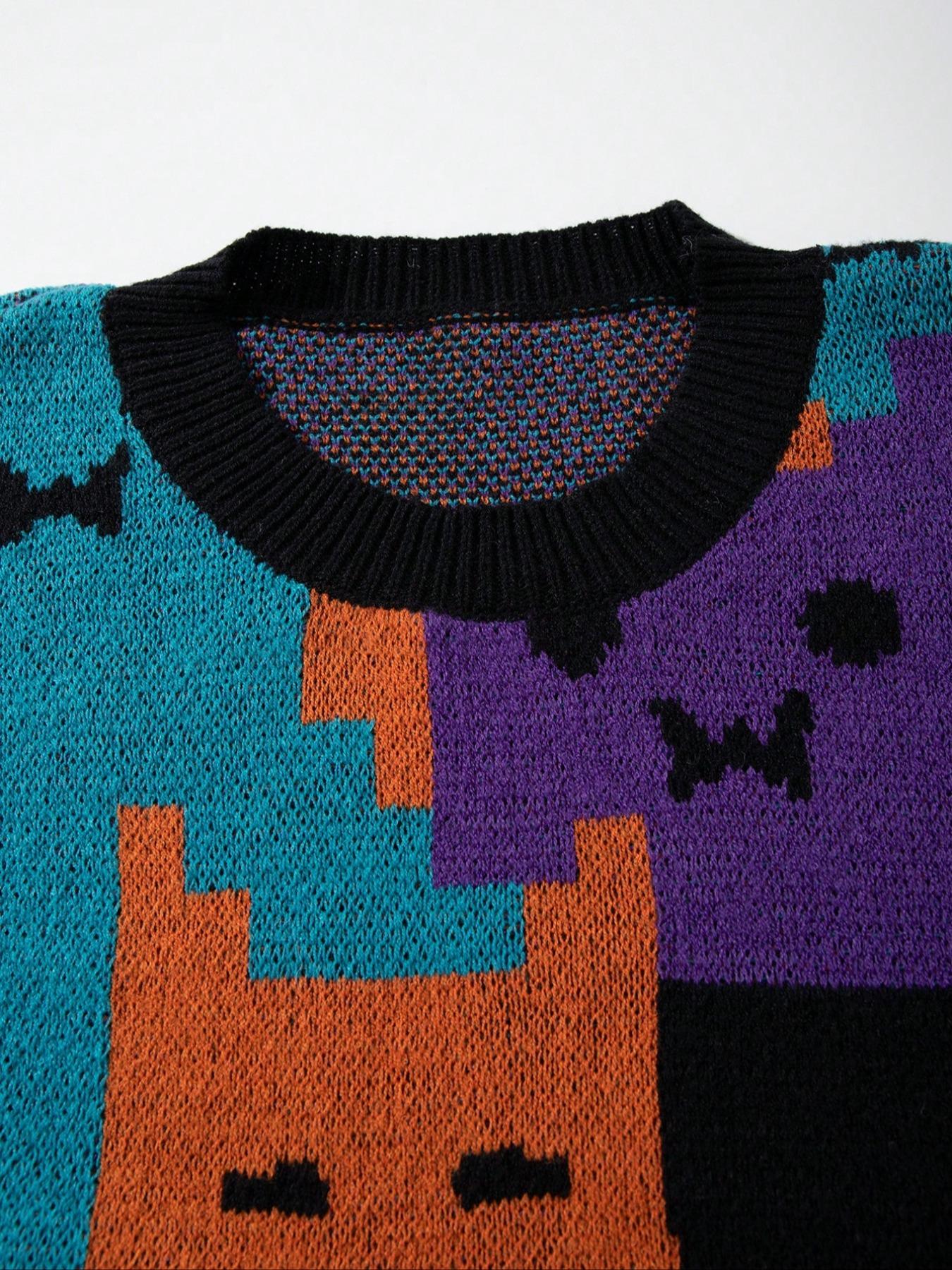 Unisex Casual Knitted Sweater, Vintage Crewnecks Jumper, Long Sleeve Round Neck Pullover, Cartoon Cat Pattern, Spring Fall Winter Wear, Comfortable Commuter Top