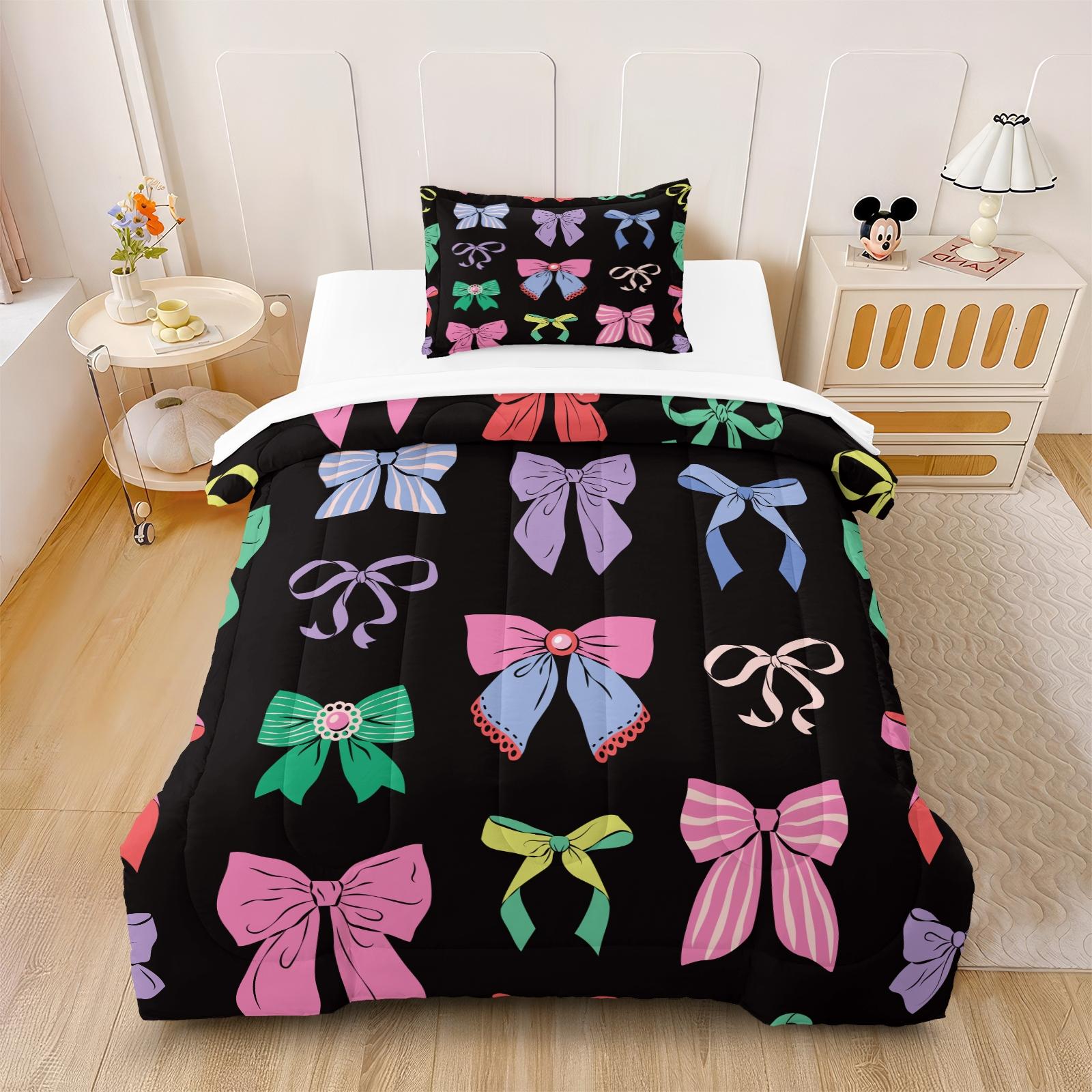 2/3 Pcs Coquette Pink Bow Print Comforter Set, Cute Y2K Aesthetic Bedding Set, Soft Warm Breathable & Fade Resistant Digital Print, Ideal for Girls Bedroom Dorm Guest Room Decor, All Season Use - Without Pillow Insert