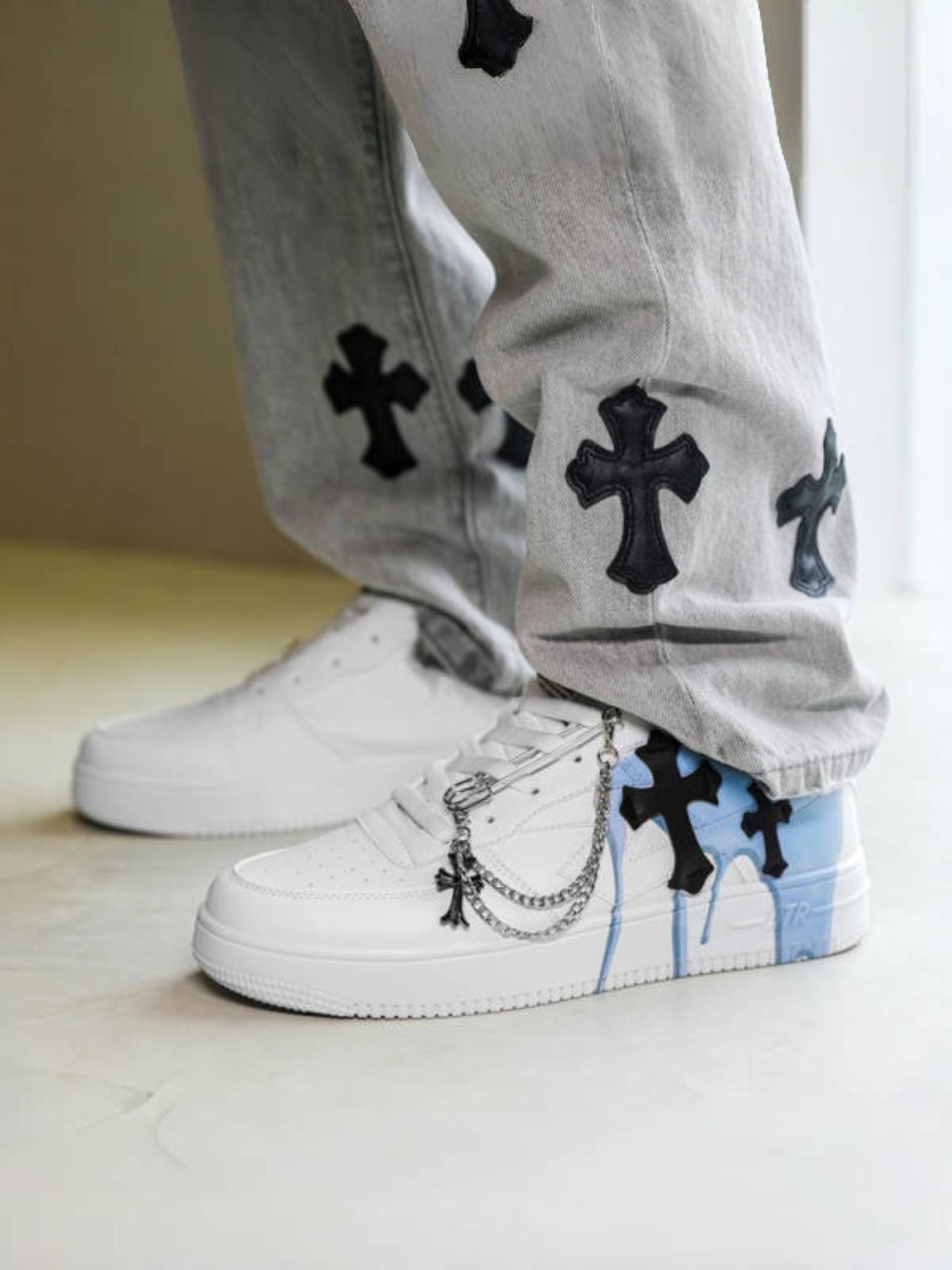 Men's Cross Decoration Low Top Trendy Sneakers Sports Shoes - Durable Upper+Rubber Outsole+Size 39-44 Men's Range Suitable for Daily Wear+Streetwear, Chain Detail Unique Design & Fashionable Eye-Catching