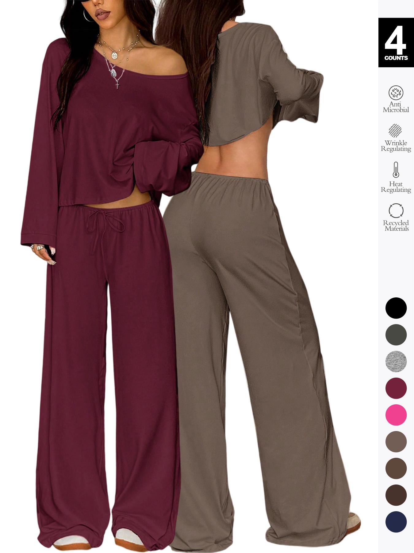 2 Piece Set Women Sleepwear Loungewear, Elegant Simple Solid Color Loose Long Sleeve Thermal Top And Pants pajamas Set, Pjs For Autumn/Winter，All Season Fashion