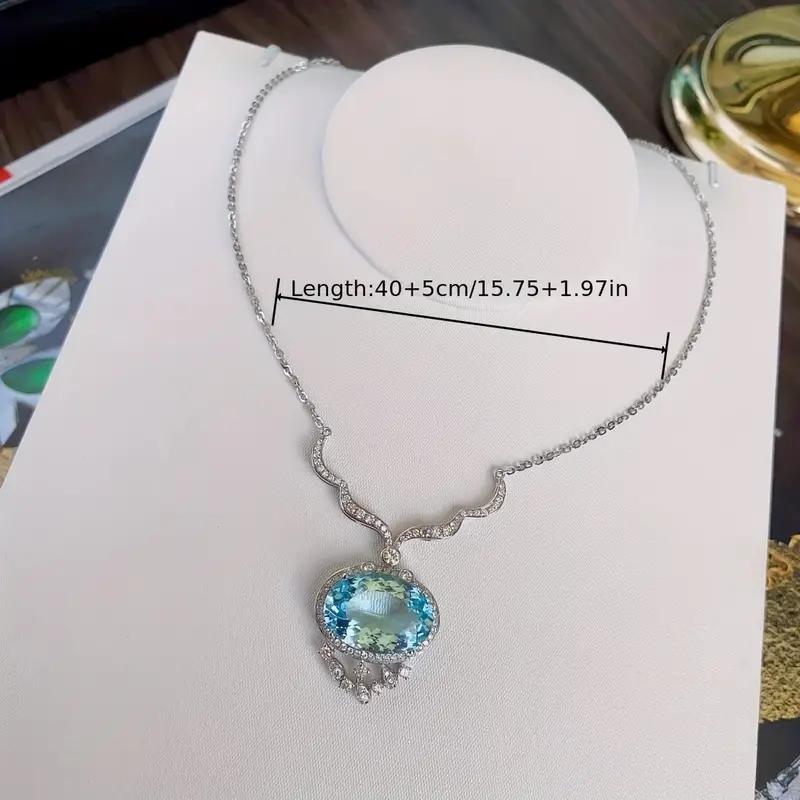 Temperament Elliptical Pigeon Egg Sea Blue Synthetic Zircon Plated Platinum Clavicle Chain Pendant Necklace Women's Jewelry