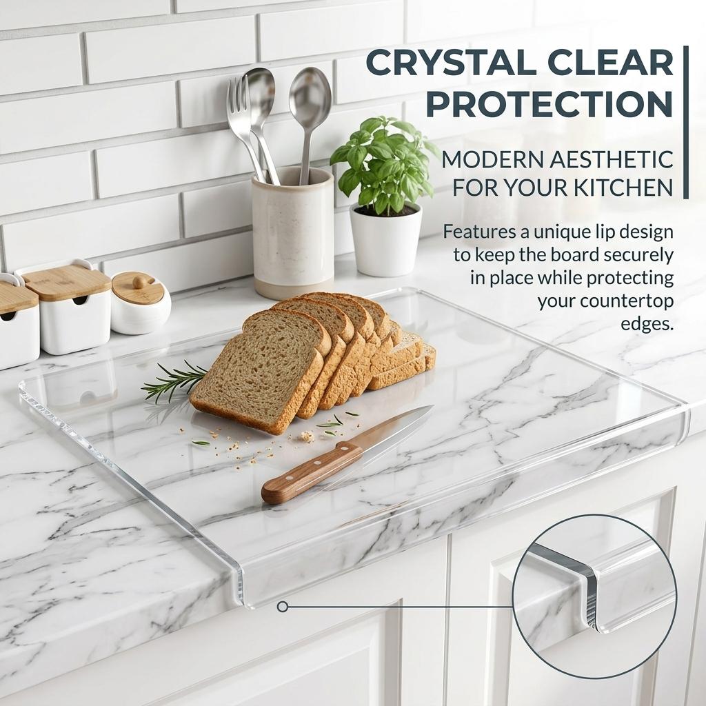 Crystal Clear Acrylic Cutting Board with Lip, Durable Cutting Board, Non-Slip Countertop Protector, Transparent Chopping Board for Kitchen Prep & Countertop Safety, Cutting Boards for Kitchen, Kitchenware