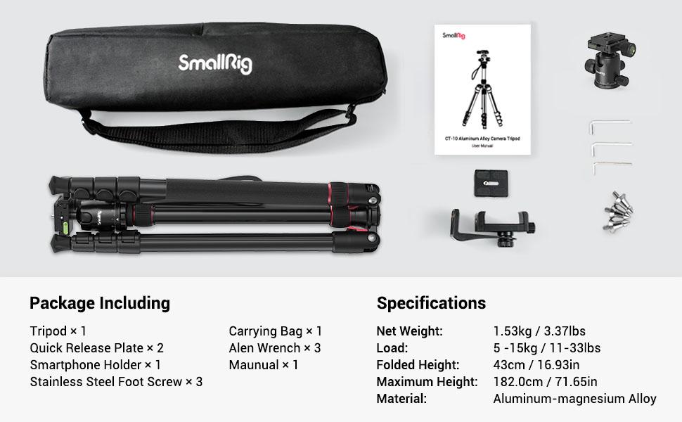 SmallRig 71" Camera Tripod, Foldable Aluminum Tripod & Monopod, 360°Ball Head Detachable, Payload 33lb, Adjustable Height from 16" to 71" for Camera, Phone-3935