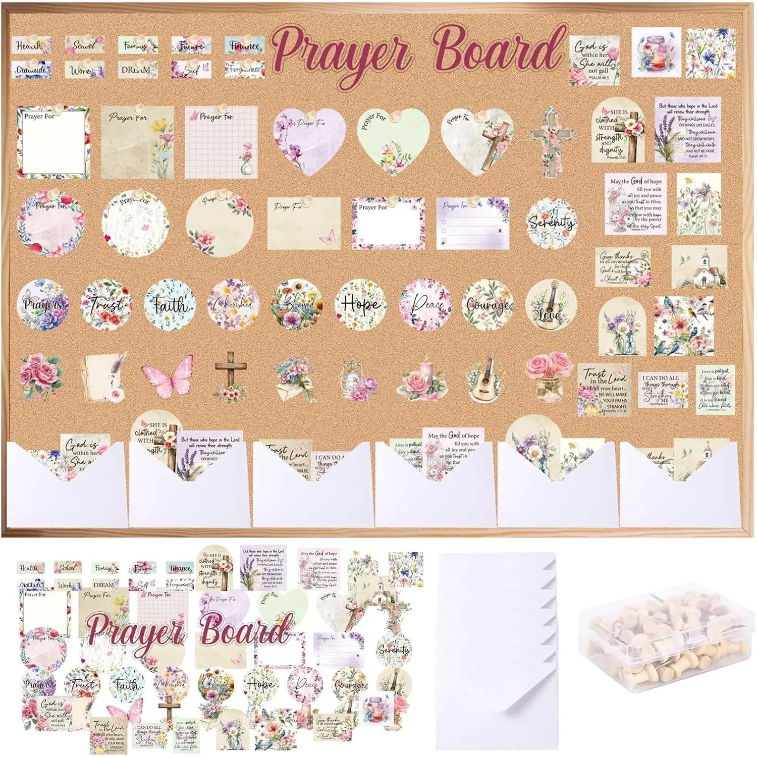 114 count Floral Prayer Board Kit Christian  for Mother's Day  Pray for Envelope Set  Verse Quotes Prayer Board Supplies DIY Wall Art for Living Room Office(Not Including Board)