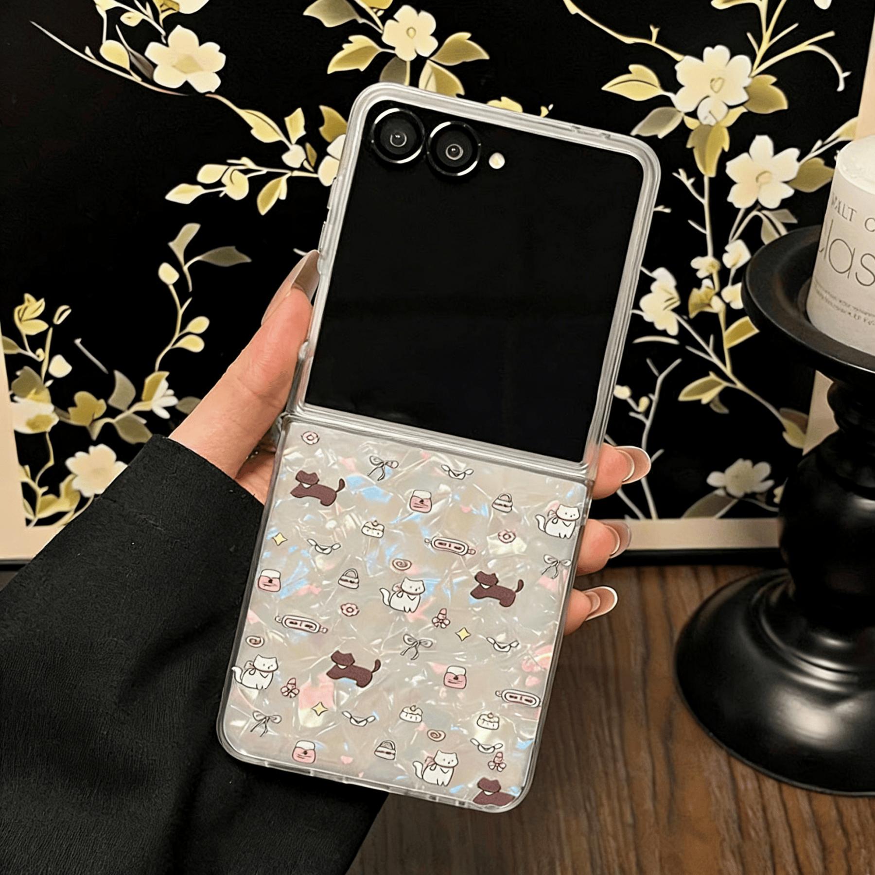 Korean Shell Pattern Full Screen Animals Blue Bow Chain Phone Case for Samsung Galaxy Flip7 Flip7fe Flip6 Flip5 Stylish Cover
