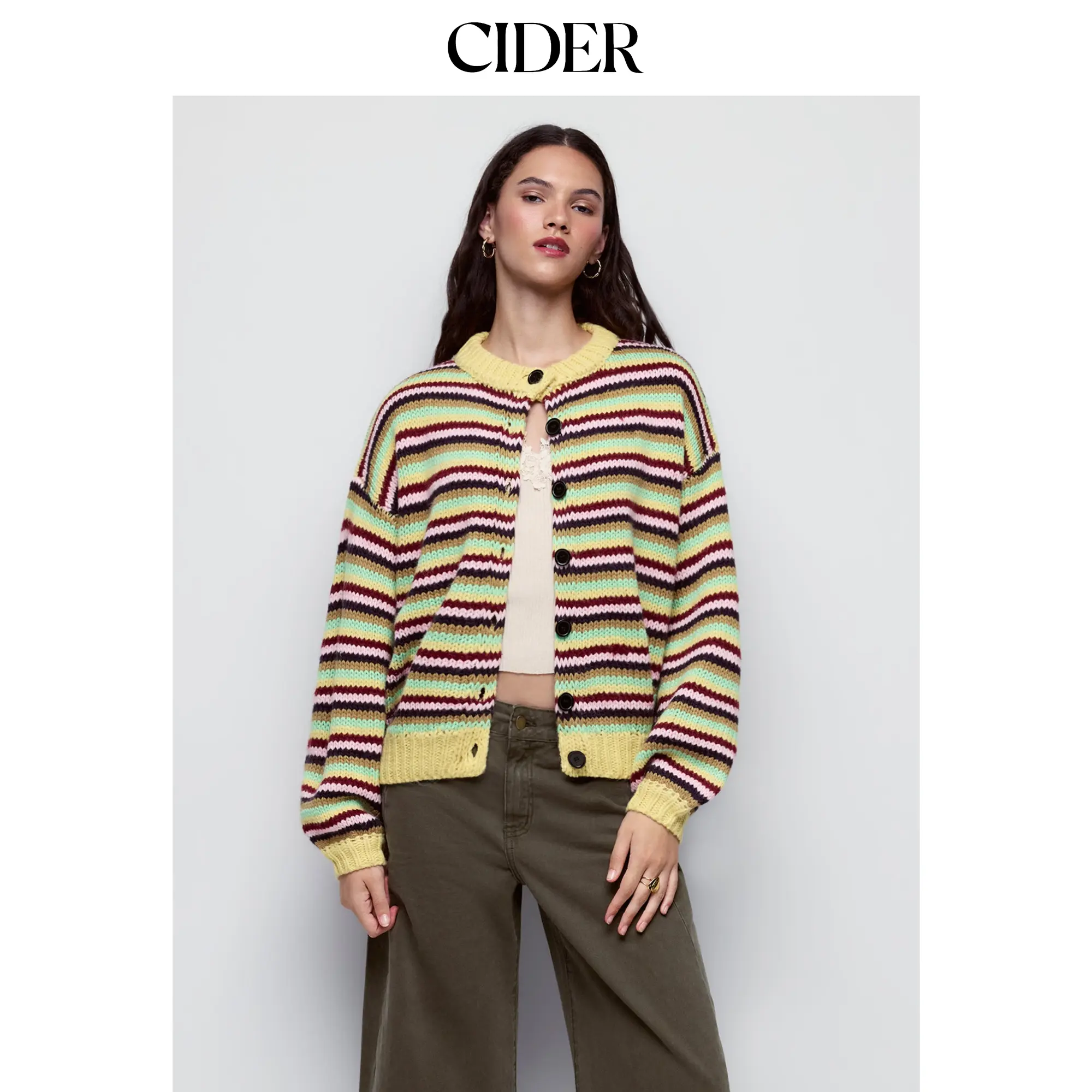 Cider Knit Crochet Striped Colorblock Super Oversized Cardigan