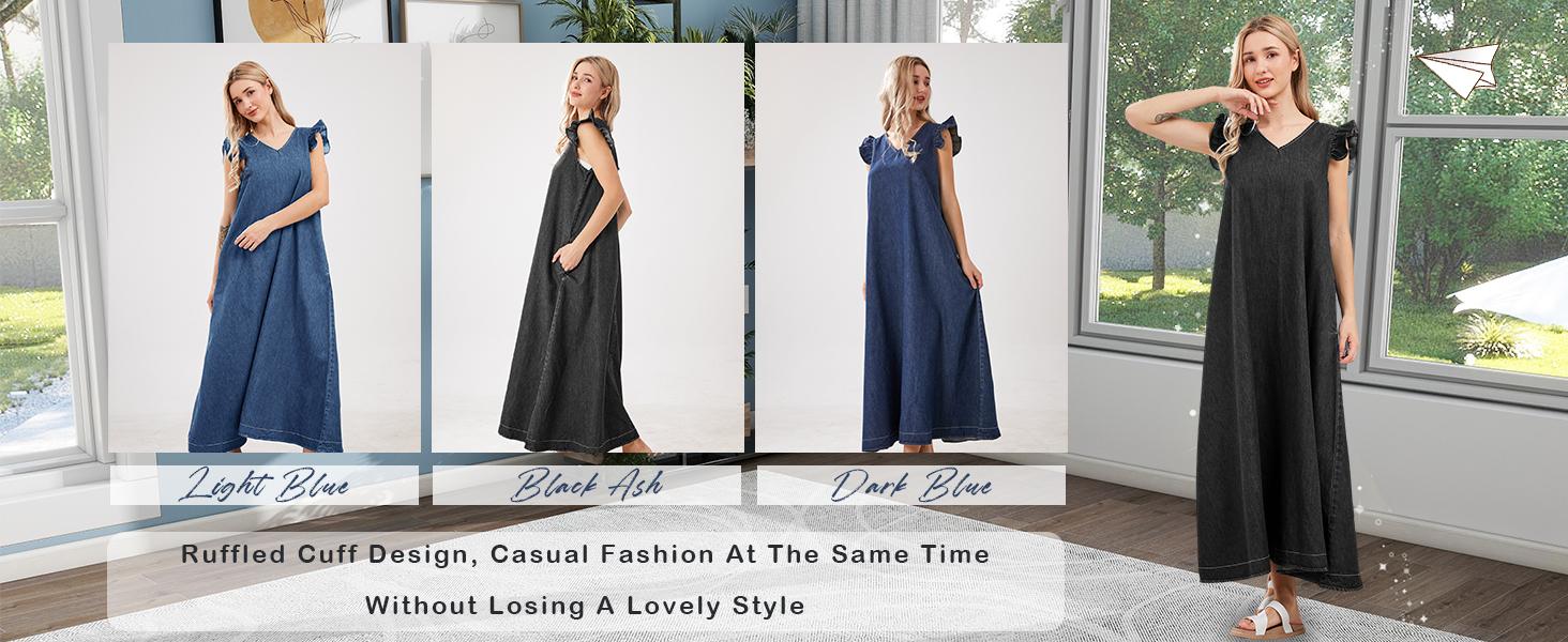utcoco Women's Summer V Neck Long Denim Dress Casual Loose Ruffle Sleeveless Dress Minimalist V neck Womenswear sundress