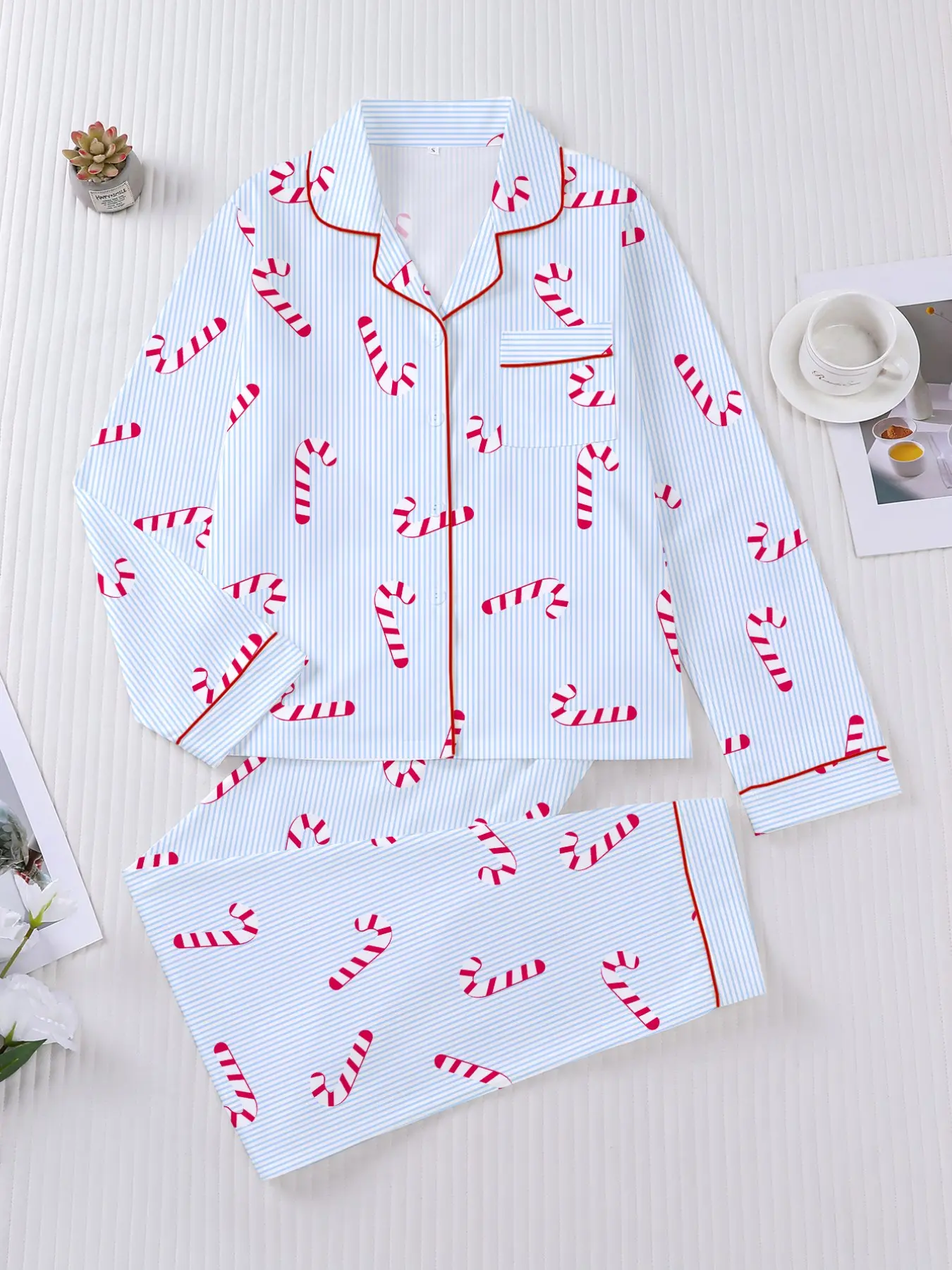 Christmas Candy Cane Print Pajama Set, Long Sleeve Button-Up Top, Elastic Waist Pants, Elegant Holiday Sleepwear, Comfortable Home Wear, Loungewear