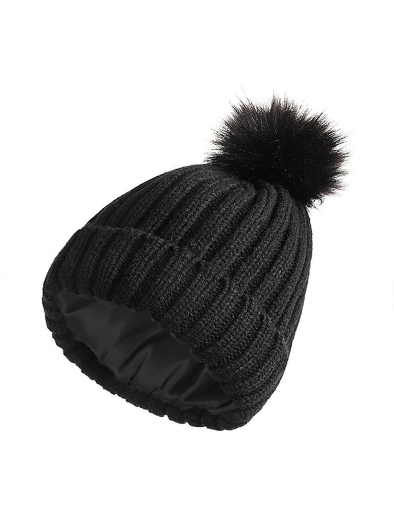 Unisex Plain Striped Beanie Hat, Satin Lined Knit Cap with Pom Pom, Warm Comfortable Windproof Winter Accessory, No Tag Design, Knitted Winter Hat