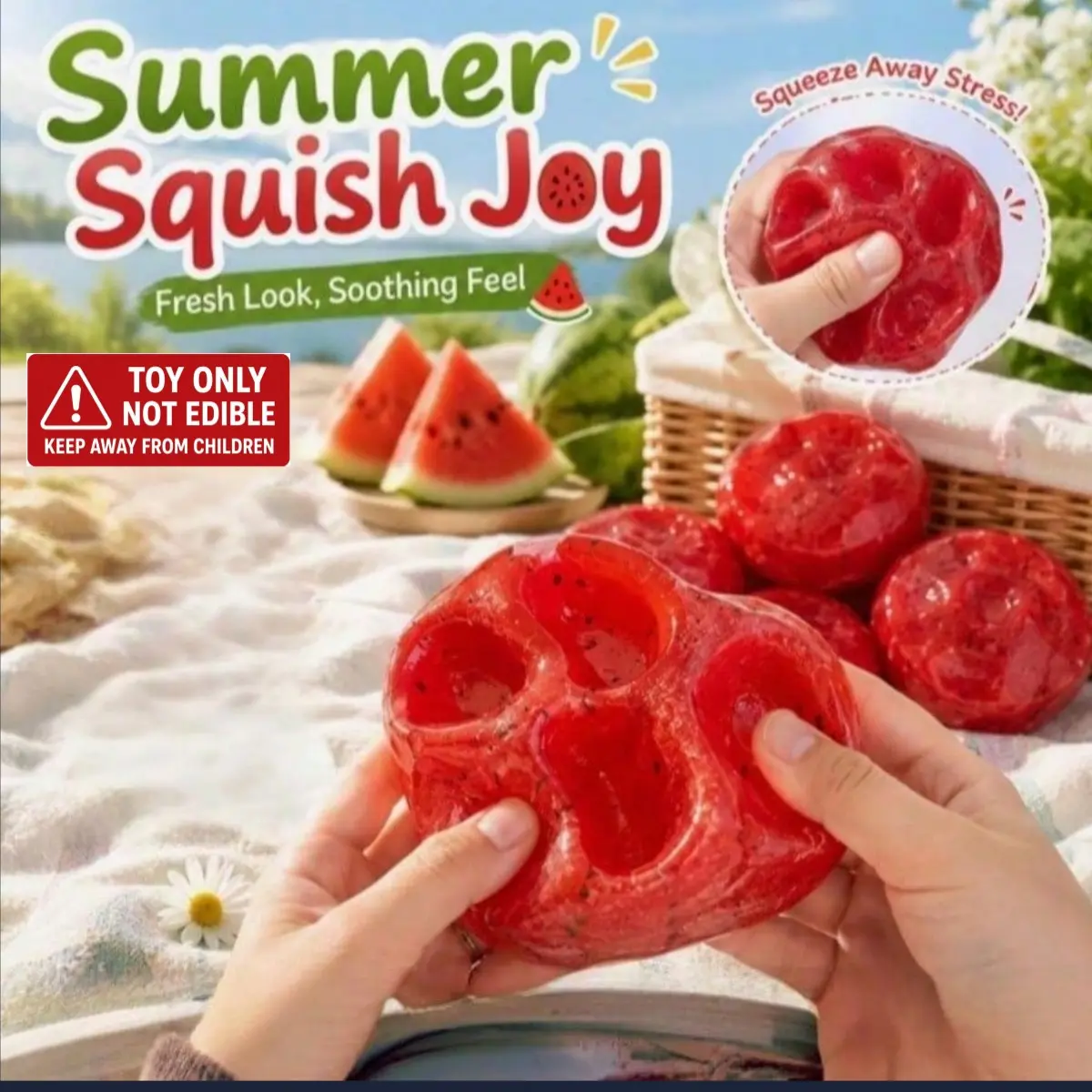Watermelon Flavor Soft Gel Stress Ball, Ultra-Soft Slow Rebound, Realistic Food Shape, Potato Mud Filling, Anxiety Relief Toy for Adults