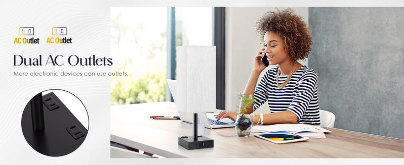 Touch Control Table Lamps Set of 2 - Nightstand Lamp for Bedroom with USB C+A Charging Ports & AC Outlets, 3-Way Dimmable Bedside Lamp Flaxen Fabric Shade for Bedroom Living Room(Bulb Included) nightstand lamp lamps Lighting Decorative Modern room stuff