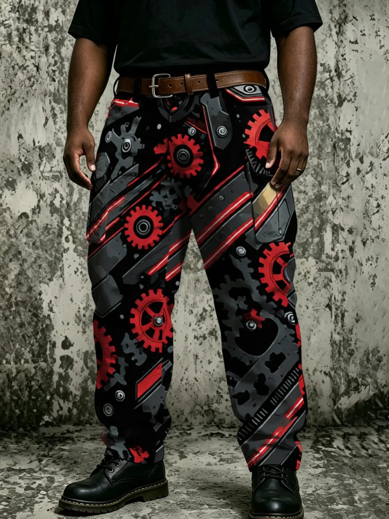 Plus Size Men's Red and Black Mechanical Gear Cyberpunk Work Pants, Steampunk Full-Print Multi-Pocket Trendy Casual Long Pants