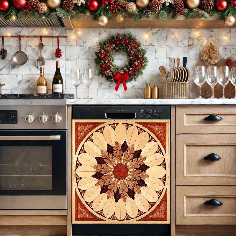 2D Flat 2Pcs Dishwasher Front Panel Cover Decal Sticker Wooden Mandala Sunburst Pattern Kitchen Appliance Decorative Stickers Waterproof PVC Home Decor for Refrigerator Washing Machine Furniture Makeover Boho Rustic Style