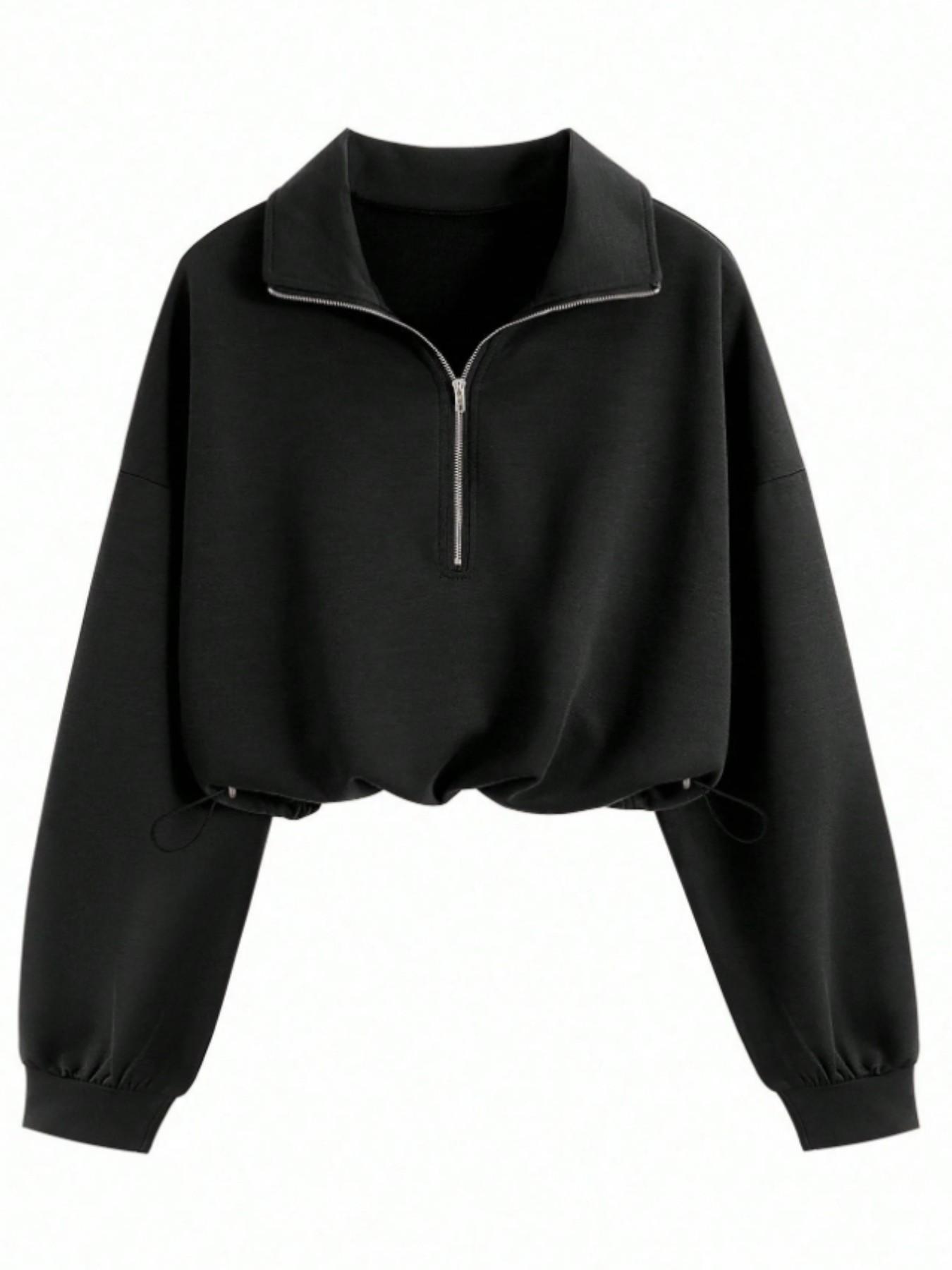 Women's Fashion Aesthetic Adjustable Drawstring Half-Zip Sweatshirt, Slim Fit Fitted Solid Color Basic Short Top, Casual Stylish Ladies' Pullover