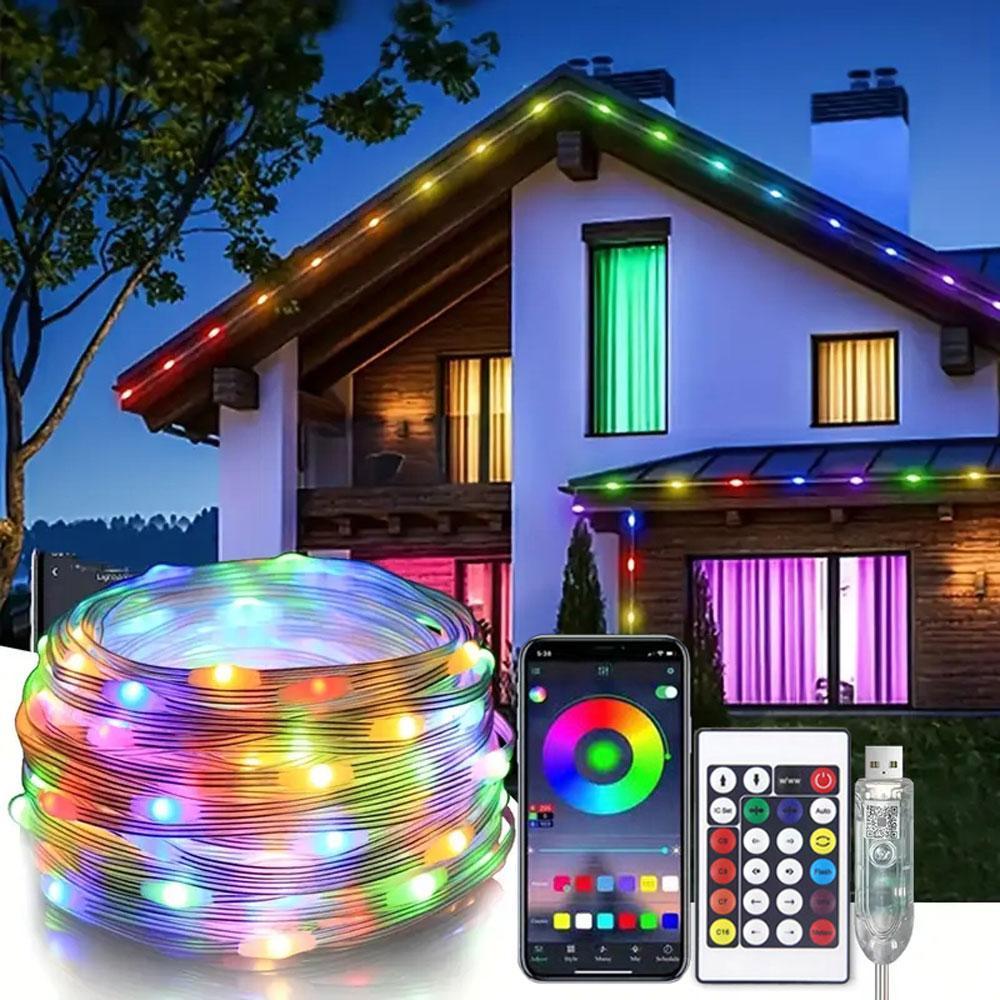 Remote & App-Controlled Smart RGB LED Strip Lights, Multi-Color LED Fairy Lights, USB-Powered, IP65 Waterproof, Music/Voice Sync, Ambient Decorative Lights for Weddings & Parties