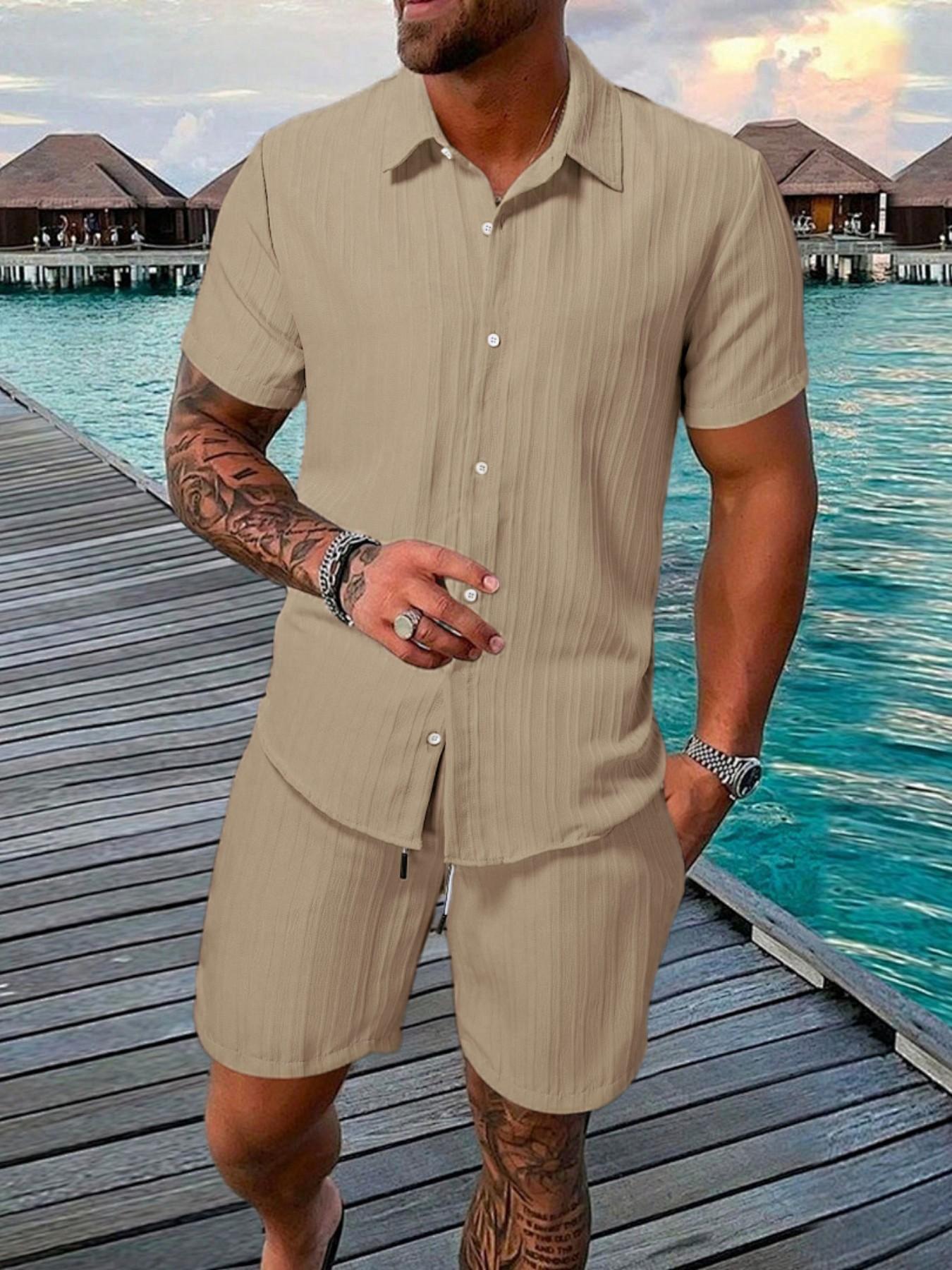 Two-Piece Set Men's Regular Fit Solid Textured Breathable Short Sleeve Shirt & Shorts, Casual Summer Set for Men, Mens Clothes for Beach Vacation