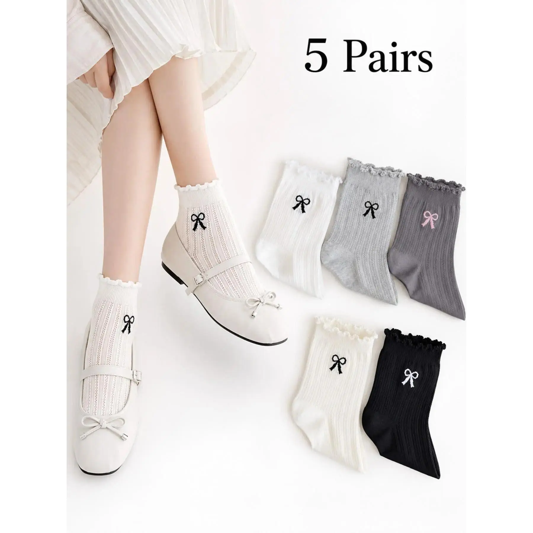 5 Pairs Cute Lace Ruffle Butterfly Socks, Lightweight Breathable Mesh Socks, Perfect Gift for Friends, Summer Fashion Socks for Women