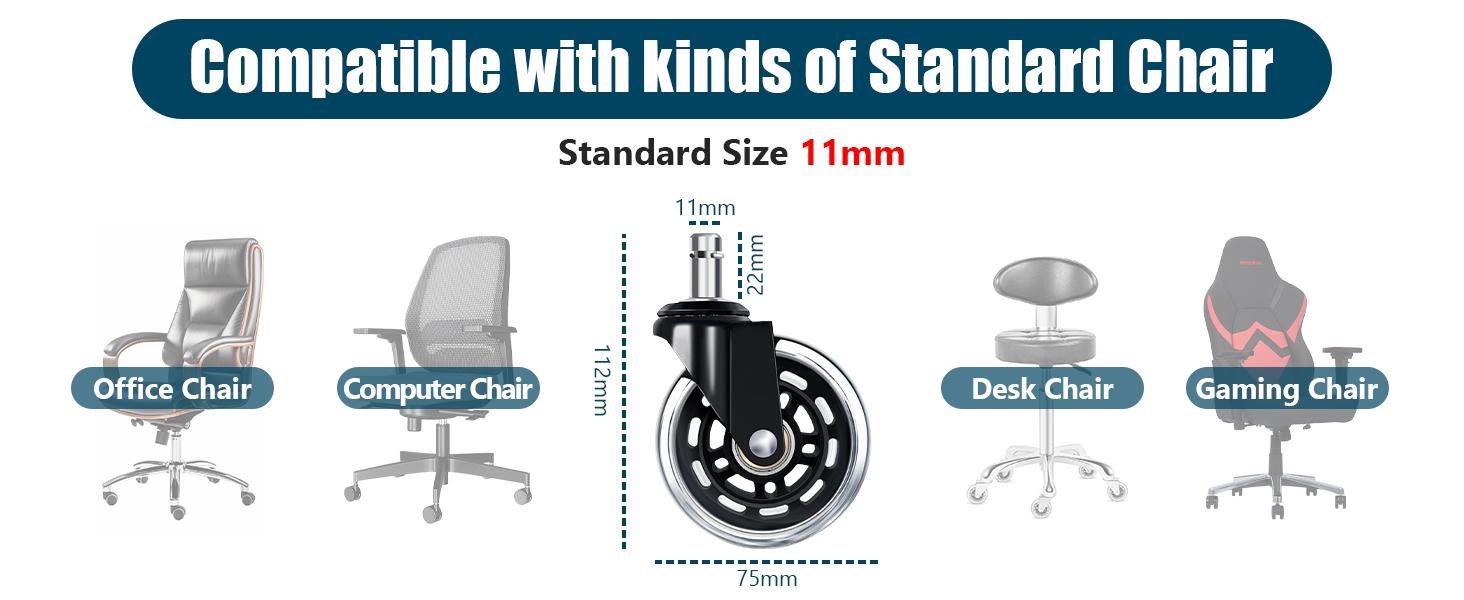 3 Inch Polyurethane Office Chair Caster Wheels Replacement (Set of 5) - 7/16" Push-In Stem Universal Furniture Wheels, Quiet Smooth Rolling, Floor Protection for Carpet, Hardwood, Tile, Fits Most Rolling & Gaming Chairs, Universal Casters, Wheels For Furn