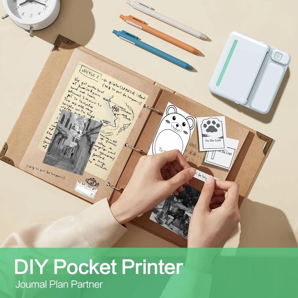 Portable Mini Bluetooth Thermal Label Printer for iOS Android, Sticker Photo Machine with 14 Rolls Paper, Wireless Pocket Printer for Home Office Student Study, No Ink Instant Stick Clear Image