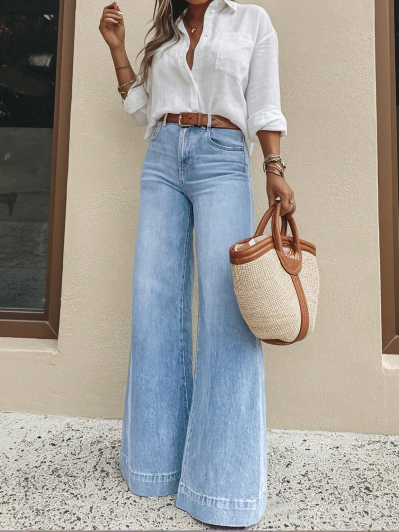 Women's High-Waist Wide Leg Jeans Bottoms, Chic Vintage Light Wash Blue Denim, Stretch Fabric, Butt-Lifting & Slimming, Loose Floor-Length, Casual Daily Wear