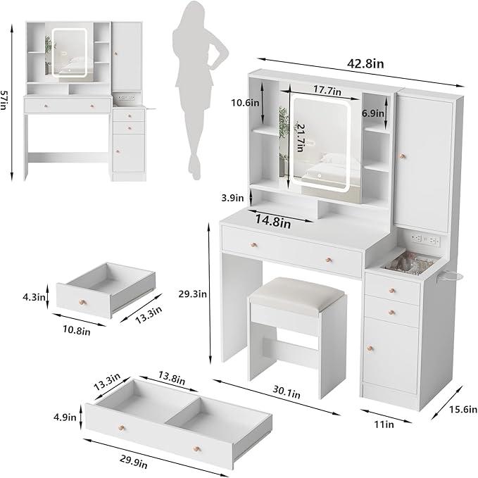 Vabches White Vanity Desk with Mirror and Lights, Vanity Table Makeup Vanity with Lights 3 Drawers and Cabinets