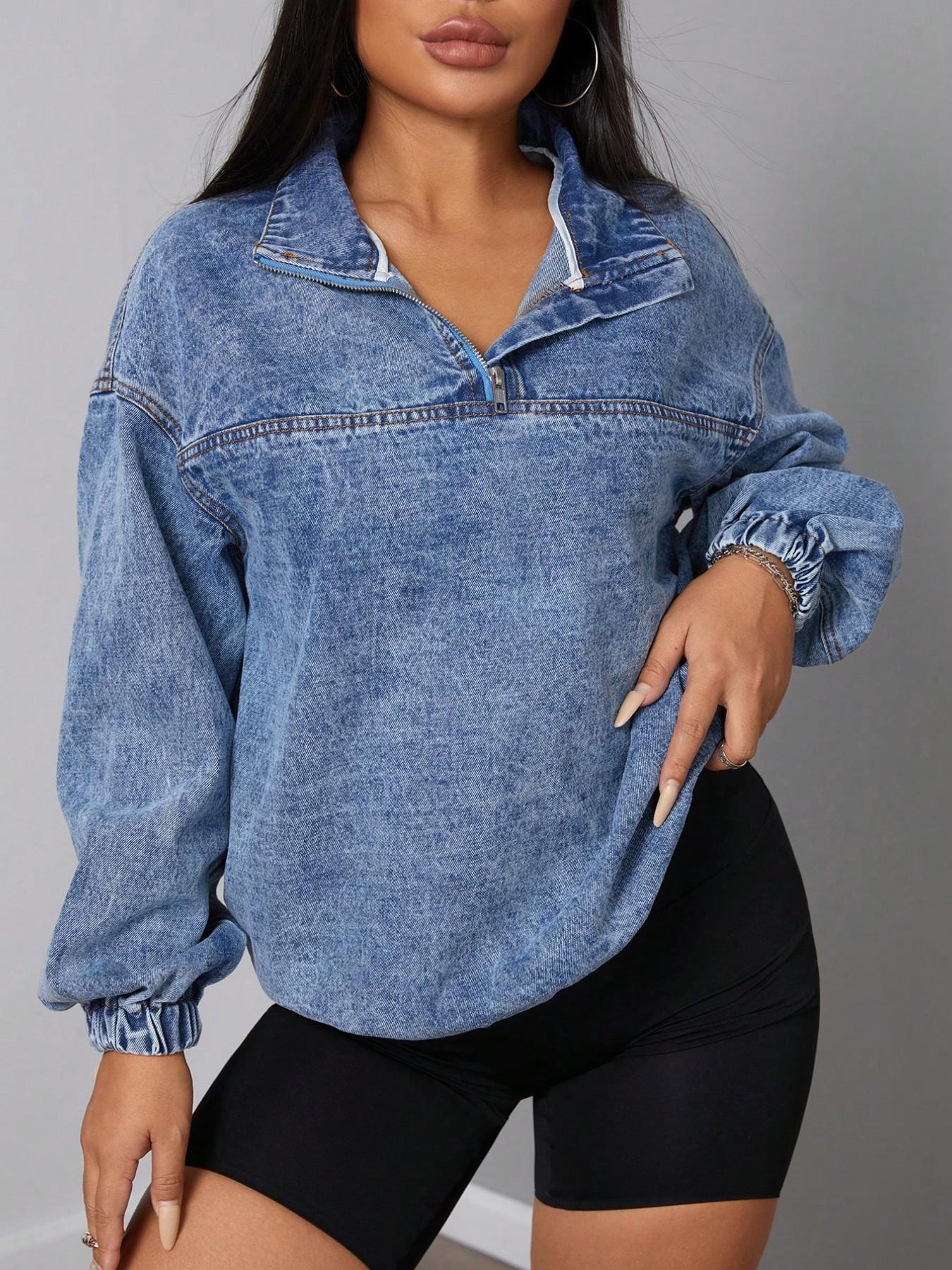 Women's Denim Jacket with Half Zipper and Standing Collar, Loose Fit Drop Shoulder Long Sleeve Top, Washed Vintage Pullover Casual Fashionable Stylish Outerwear Coats