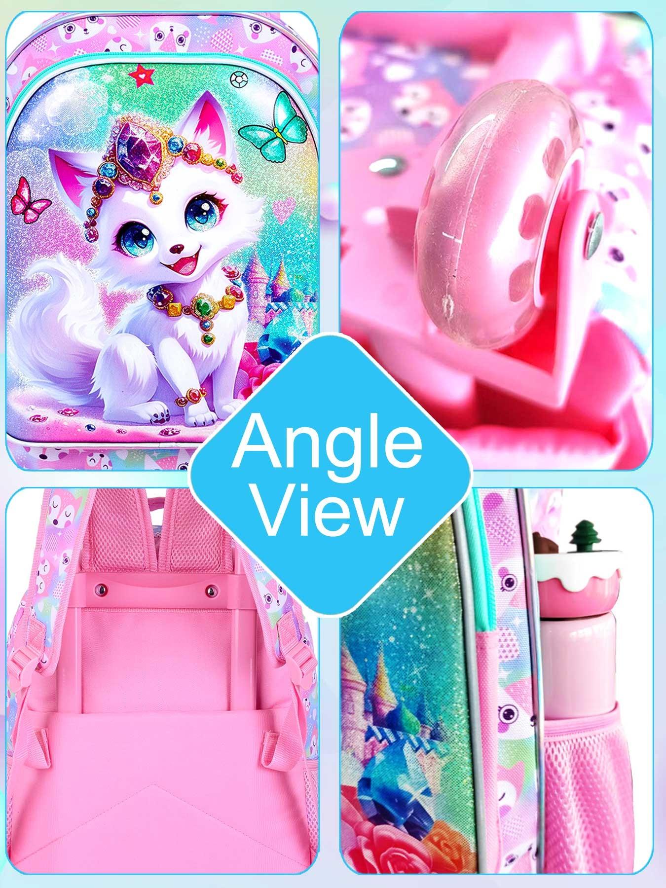 Girls' Rolling Backpack Set, Fox Pattern School Bag with Wheels, School Backpacks, Rolling Bookbag and Lunch Box for Preschool (white)