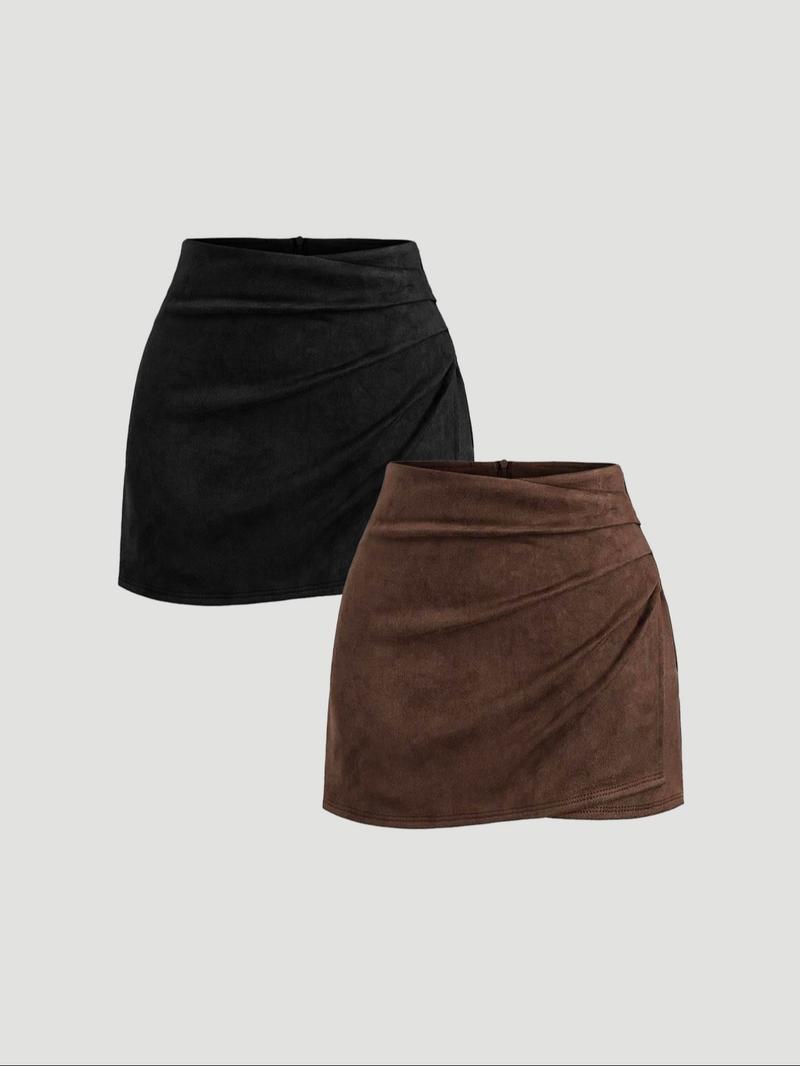 Women's Vintage Fall Winter Faux Suede Merlot Pleated Bodycon Short Skirt Set, Casual Fashion Biker Style