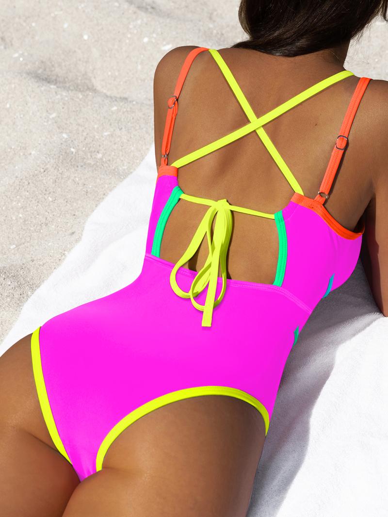 Popvil Color Block Bandage Design Vacation One Pieces,Tummy Control Neon Swimsuit for Women, Neon Bathingsuits