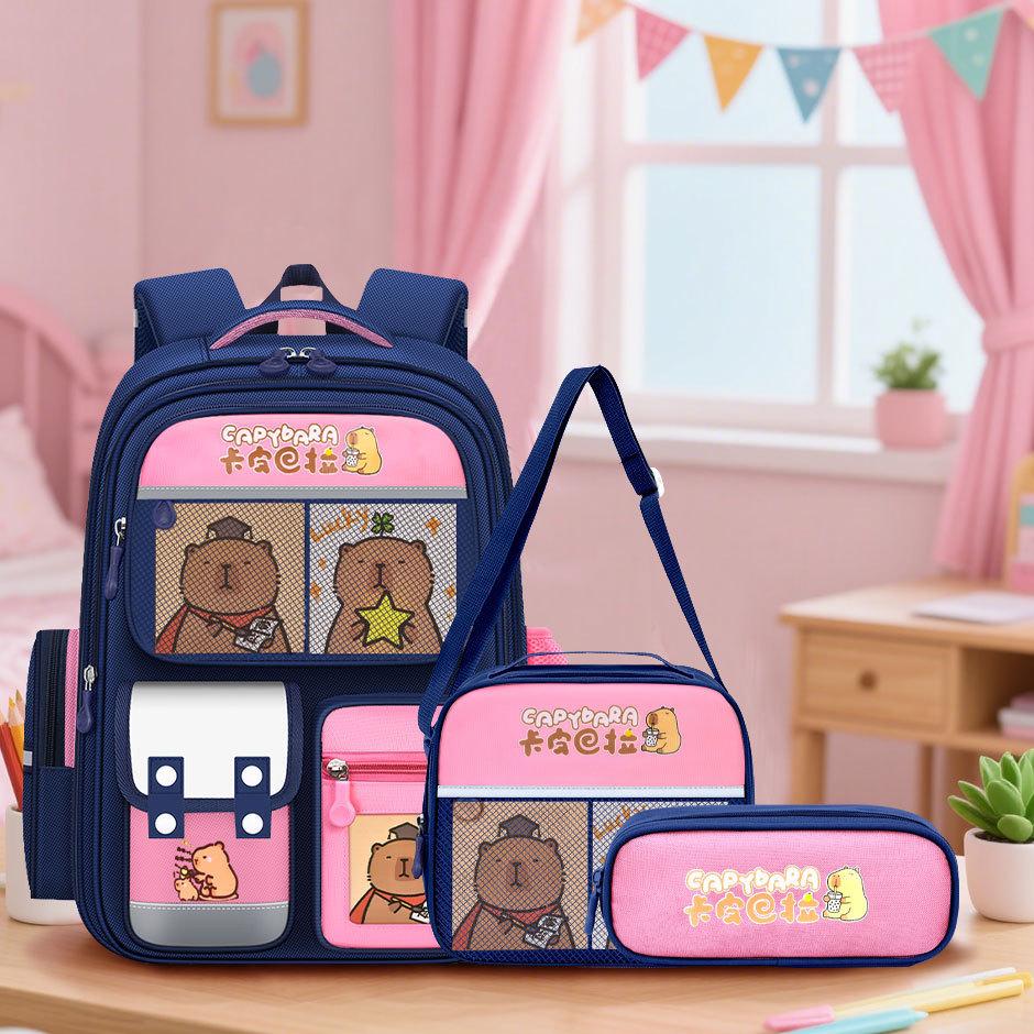 Capybara Theme Kids Backpack for Girls, 3PCS Backpack Set|  Lunch Box & Pencil Case, Bookbag for Teen Girls Kids Elementary Middle High School Students
