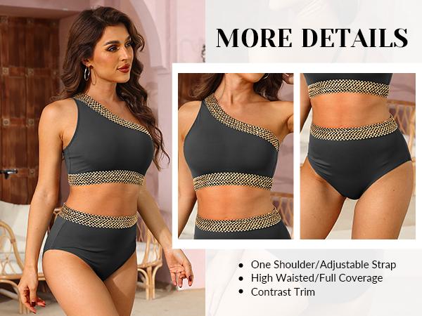 Tempt Me Women Black High Waisted Bikini Set - One Shoulder Two Piece Swimsuits Full Coverage Bathing Suits Swimwear