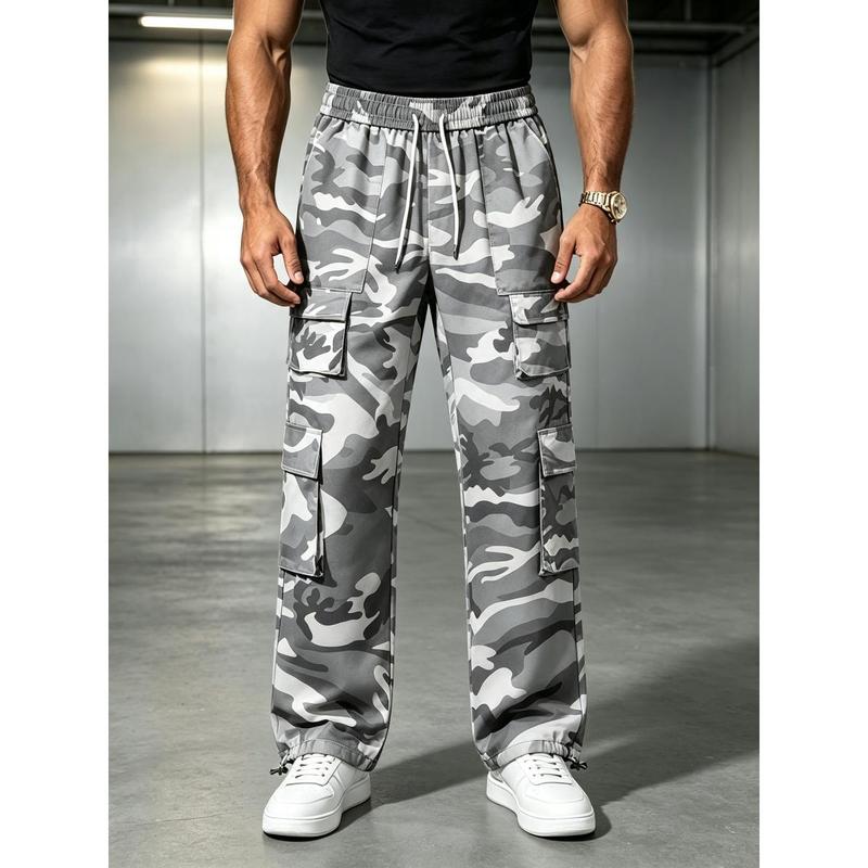 Men's Grey Camo Cargo Joggers - Urban Streetwear Cotton Polyester Breathable Trousers with Multi Flap Pockets, Elastic Drawstring Waist, Adjustable Cuffs, Cold Wash Compatible for Daily Casual Outdoor Use
