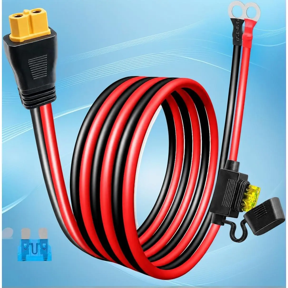 Heavy‑Duty 10AWG XT60i to O‑Ring Terminal Cable, Female XT60I Adapter with Inline 15A/20A Fuse, Pure Copper Power Cord for Solar Generator, Car Charging, RC Battery