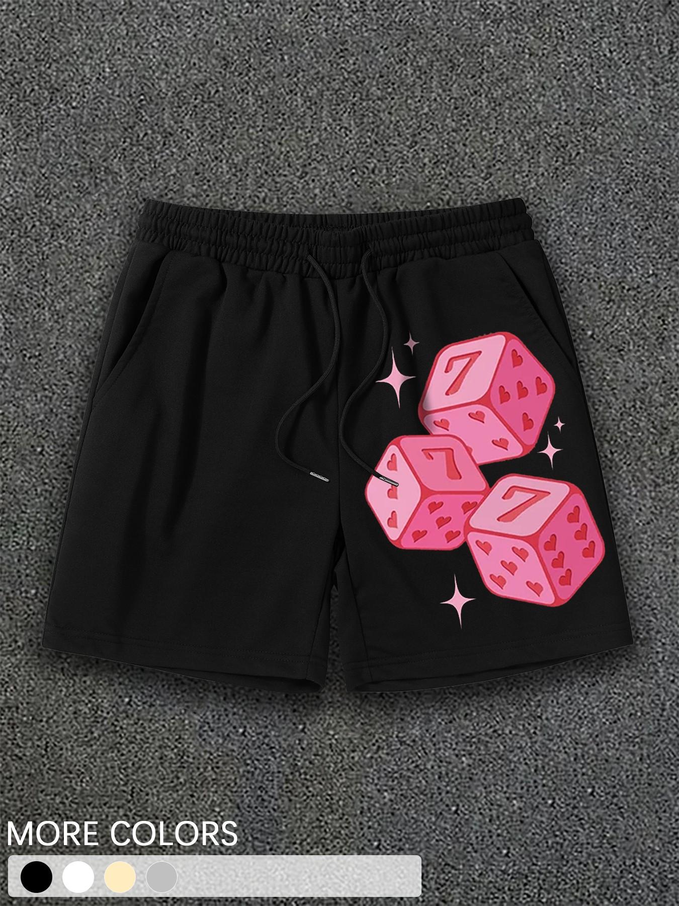 Men's Hip Hop Vintage Sweat Shorts, Pink Lucky Dice Pattern & Comfortable Loose Fit for Street Fashion and Music Festivals